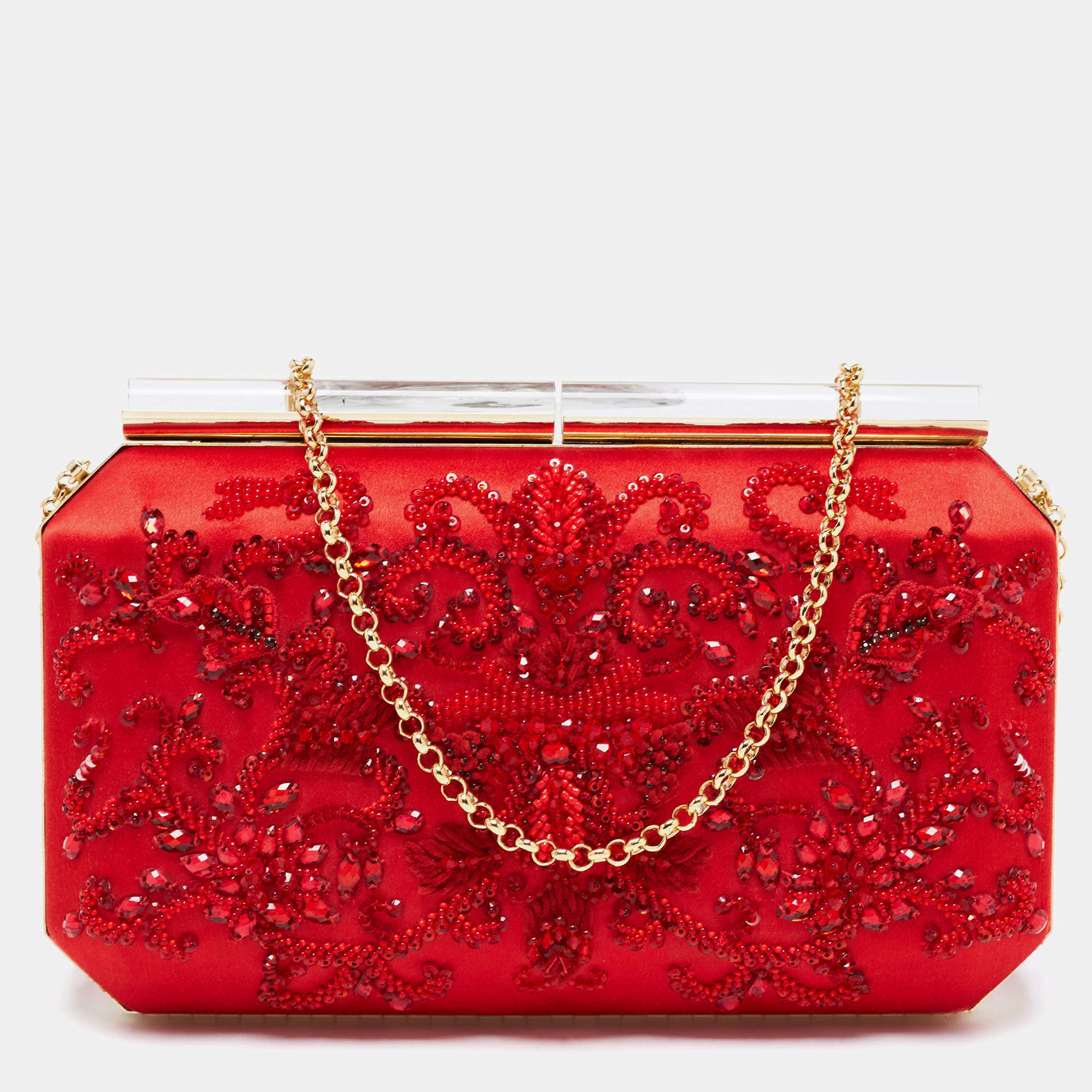 Pre Owned Oscar de la Renta Red Satin Saya Beads Embellished Chain Clutch