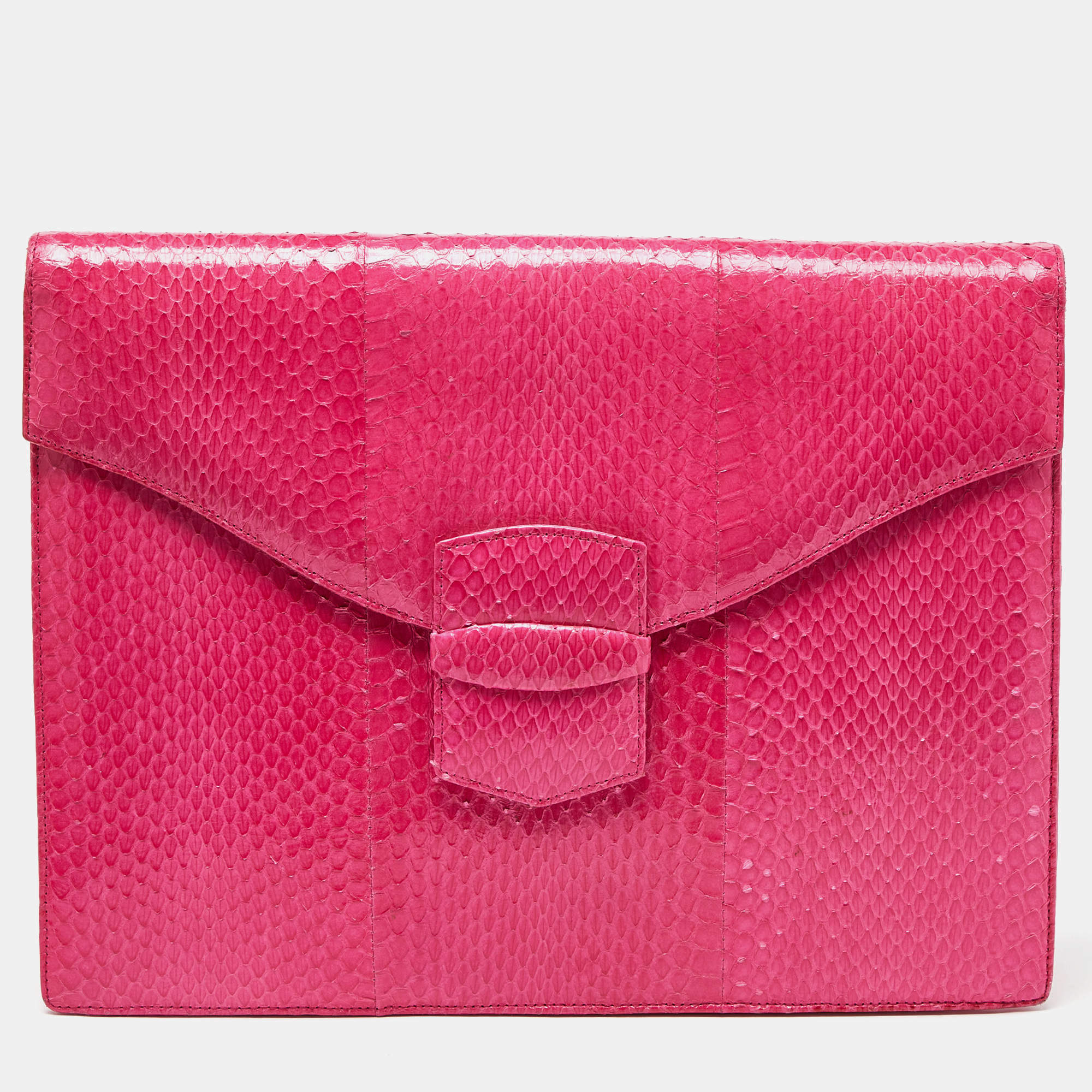 Pre Owned Oscar de la Renta Pink Watersnake Leather Small Grafton Clutch
