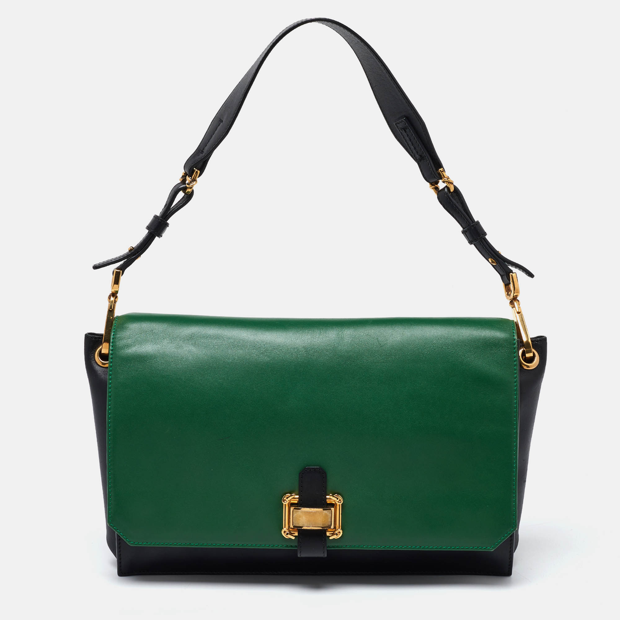 Pre Owned Oscar de la Renta Green/Black Leather Flap Shoulder Bag