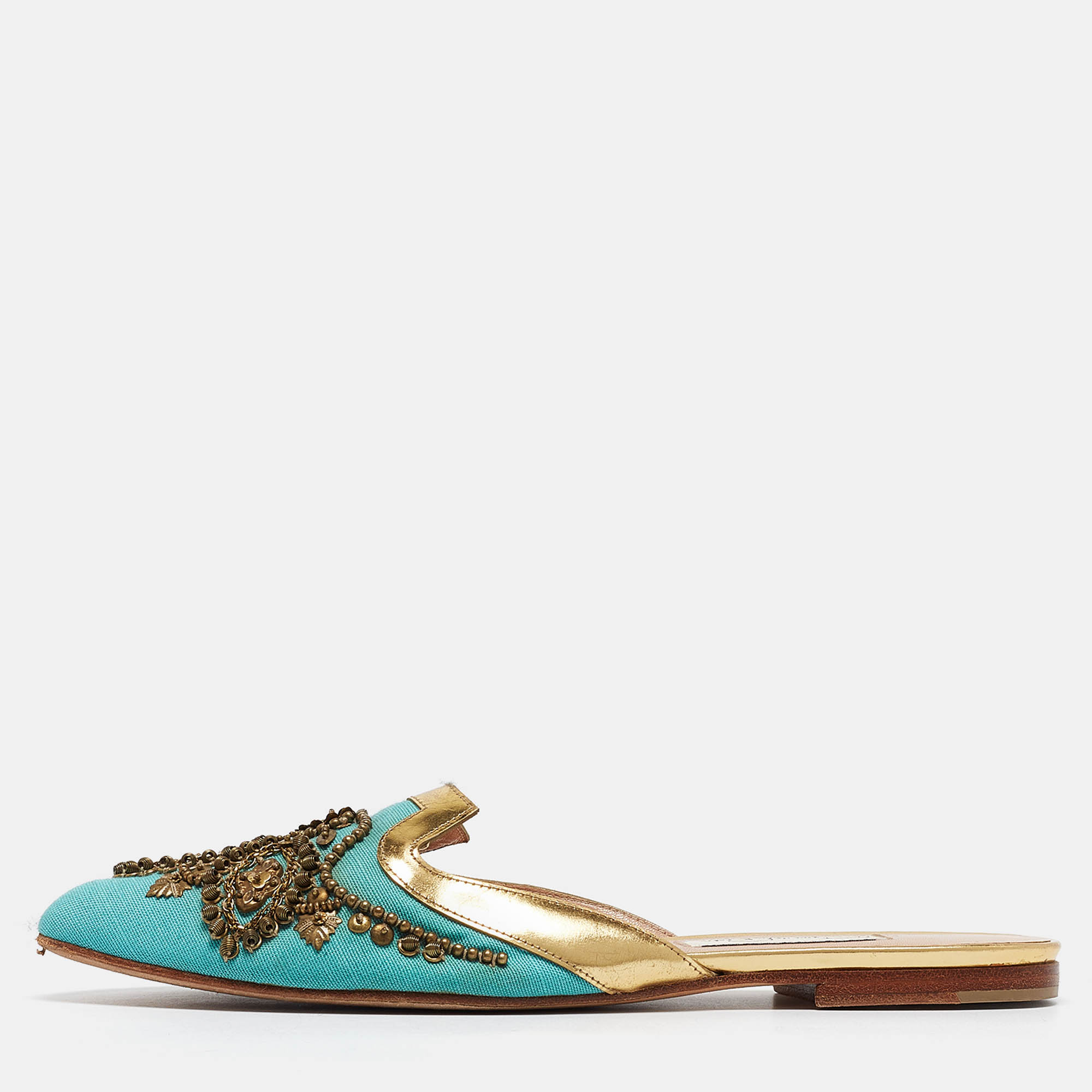 Pre Owned Oscar de la Renta Blue Canvas Embellished Mules Size 40