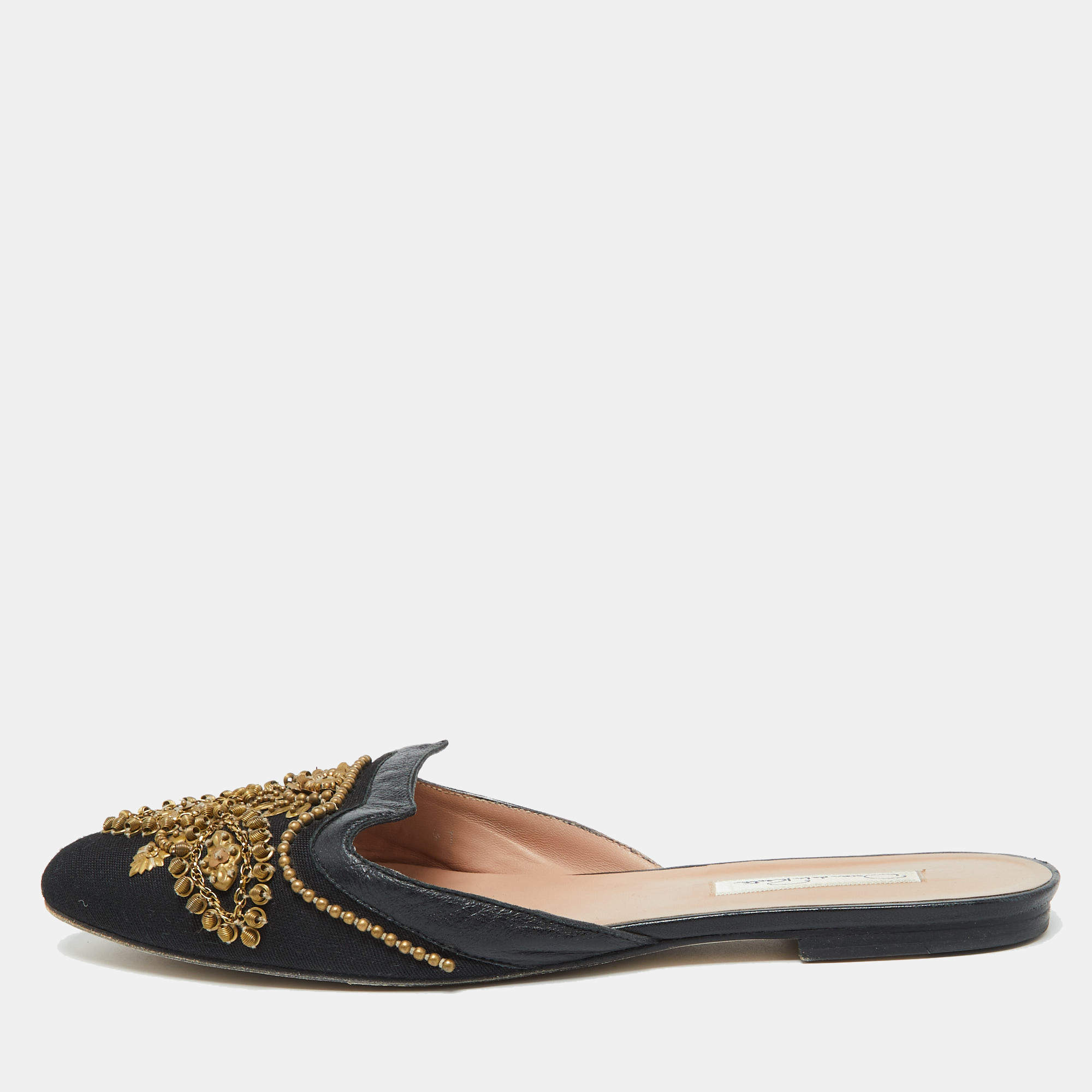 Pre Owned Oscar de la Renta Black Canvas and Leather Spanish Mules Mules Size 41