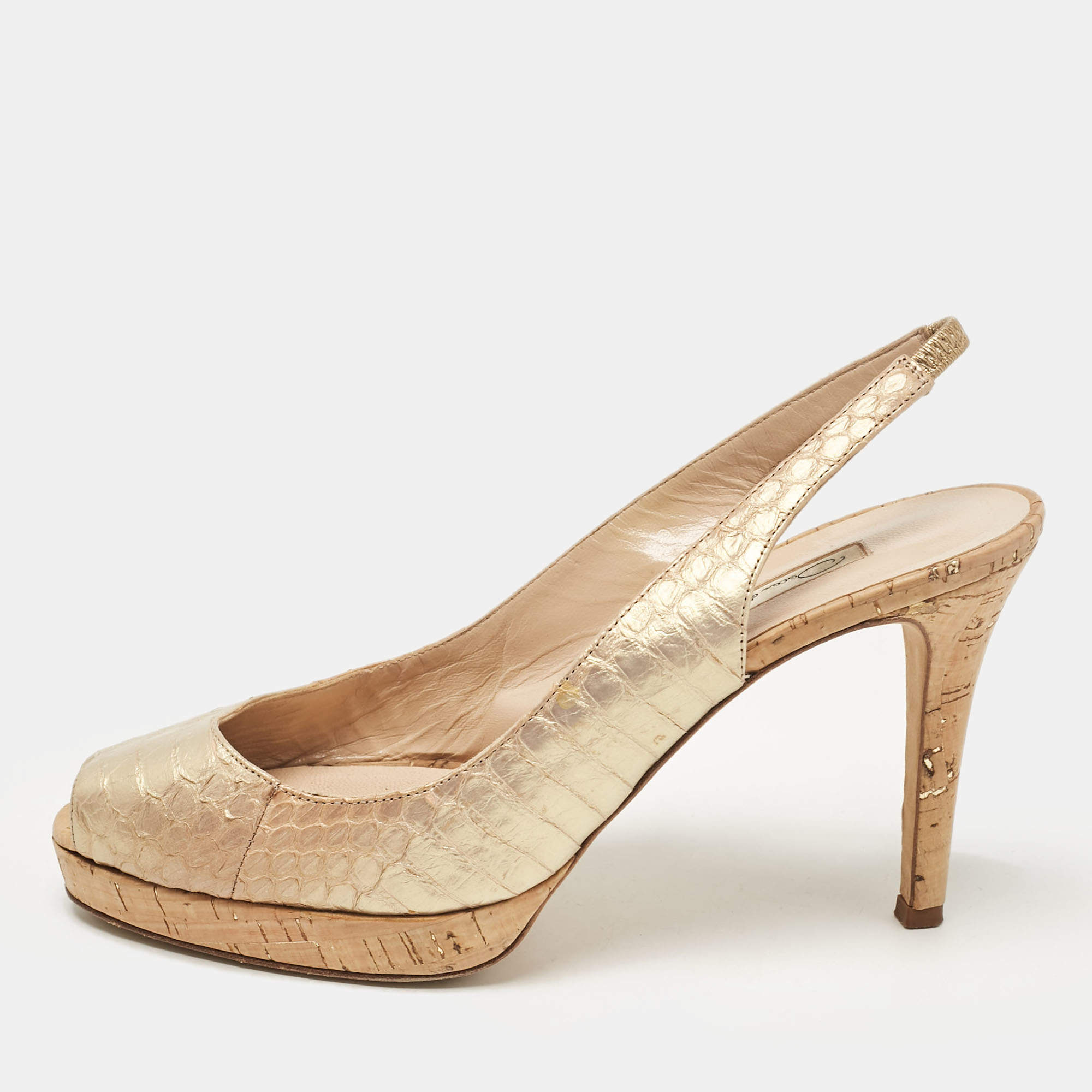 Oscar de la Renta Gold Python Embossed Leather Peep Toe Pumps Size 38