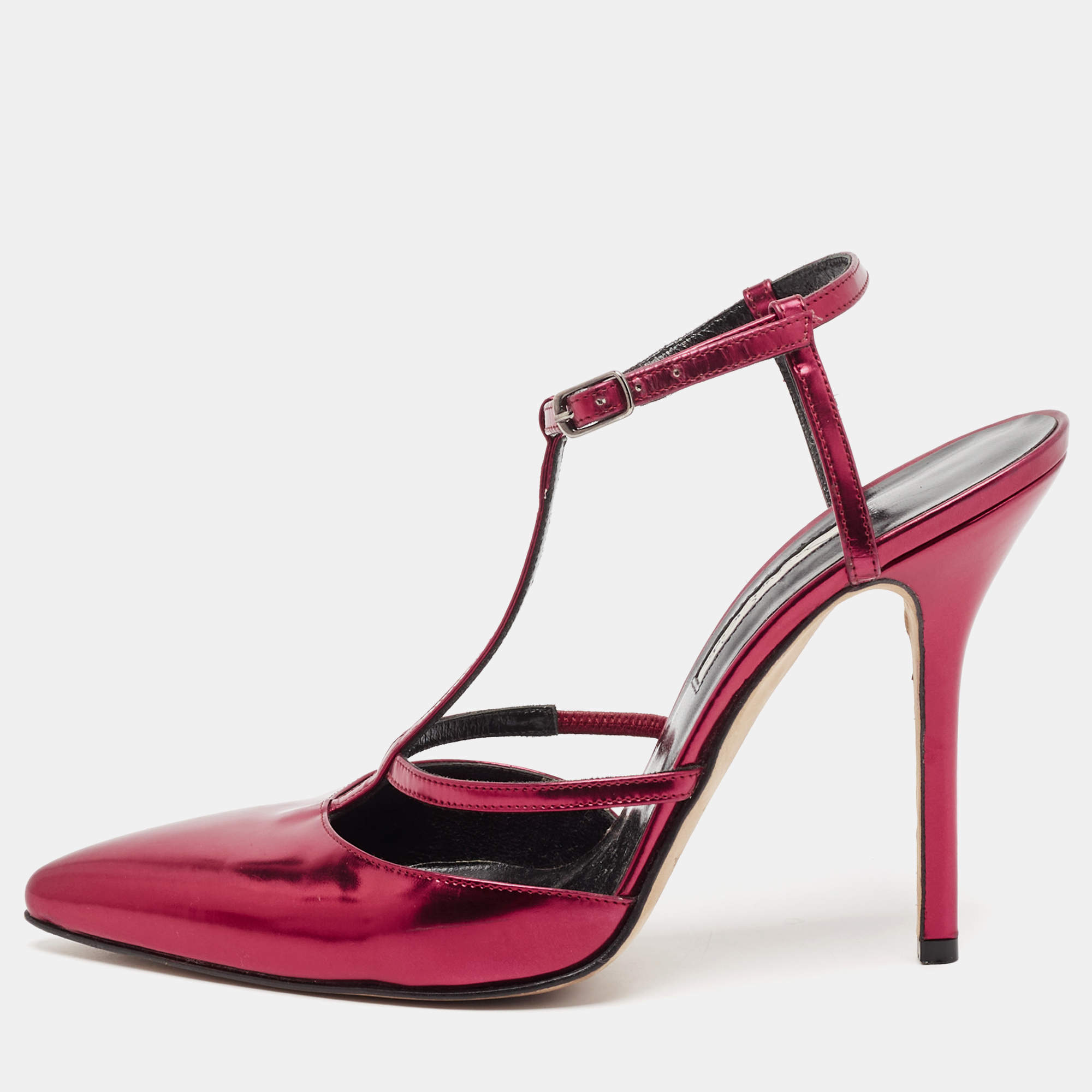 Oscar de la Renta Red Leather Pointed Toe Ankle Strap Pumps Size 38