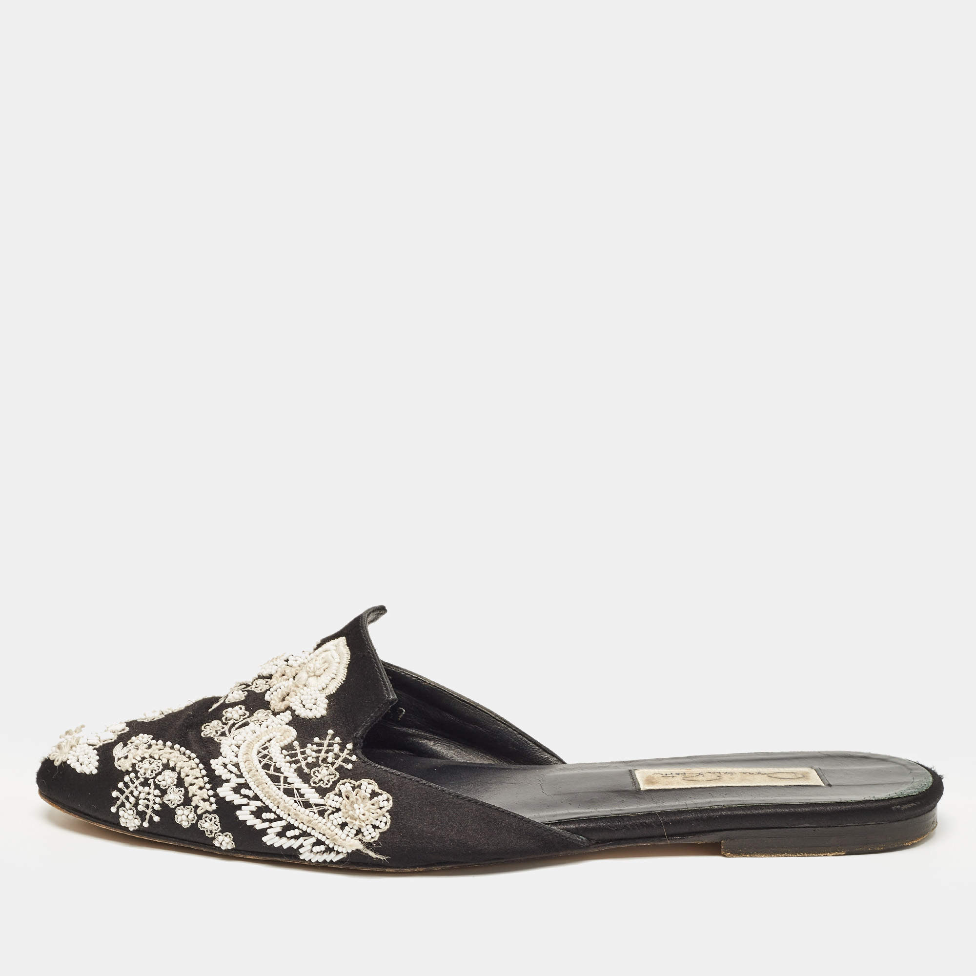 Oscar de la Renta Black Satin Embellished Flat Mule Size 39