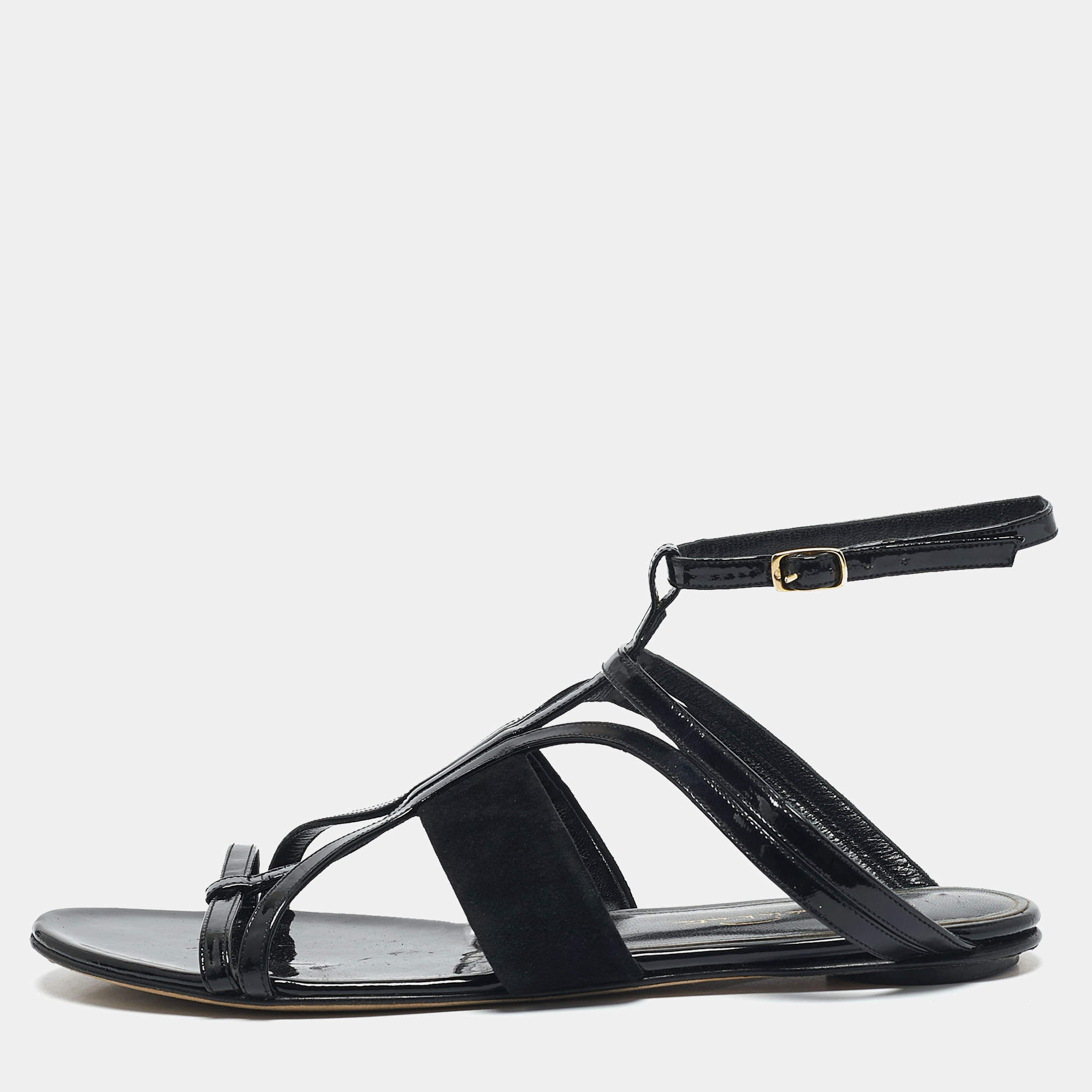 Oscar de la Renta Black Patent Leather and Suede Jenisa Ankle Strap Flats Size 39