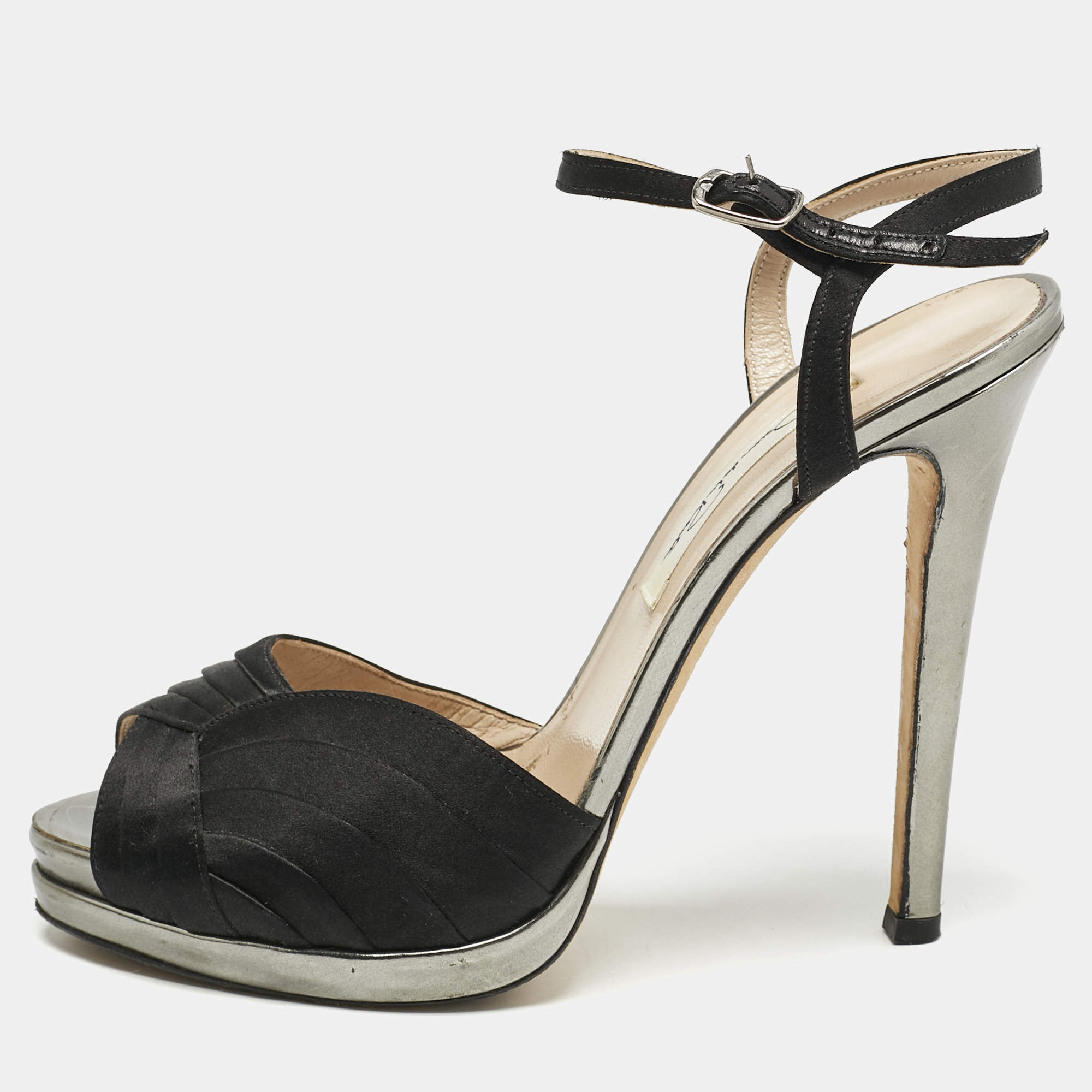Oscar de la Renta Black Satin Pleated Ankle Strap Sandals Size 38.5