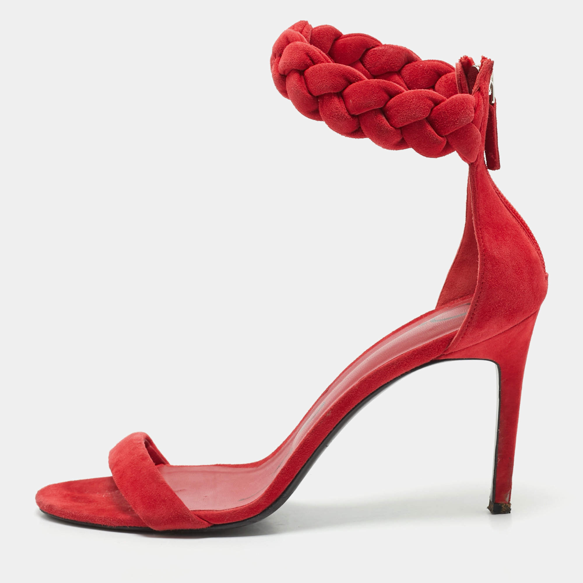 Pre Owned Oscar de la Renta Red Suede Braided Ankle Strap Sandals Size 41