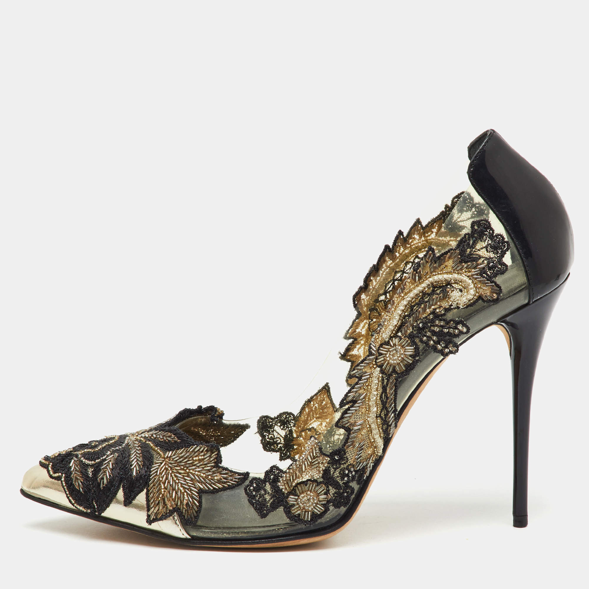 Pre Owned Oscar de la Renta Black Patent Leather and PVC Alyssa Embellished Pointed Toe Pumps Size 40