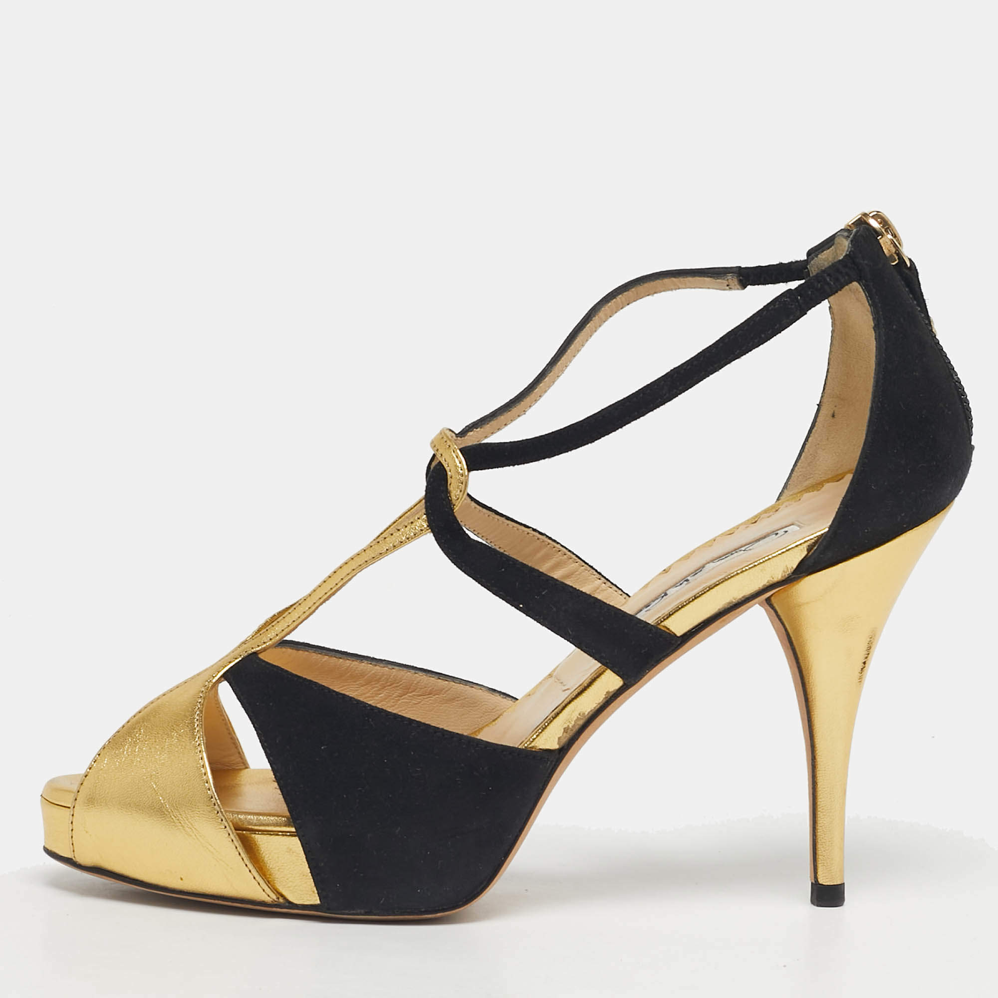Pre Owned Oscar de la Renta Gold/Black Leather and Suede Ankle Strap Sandals Size 36