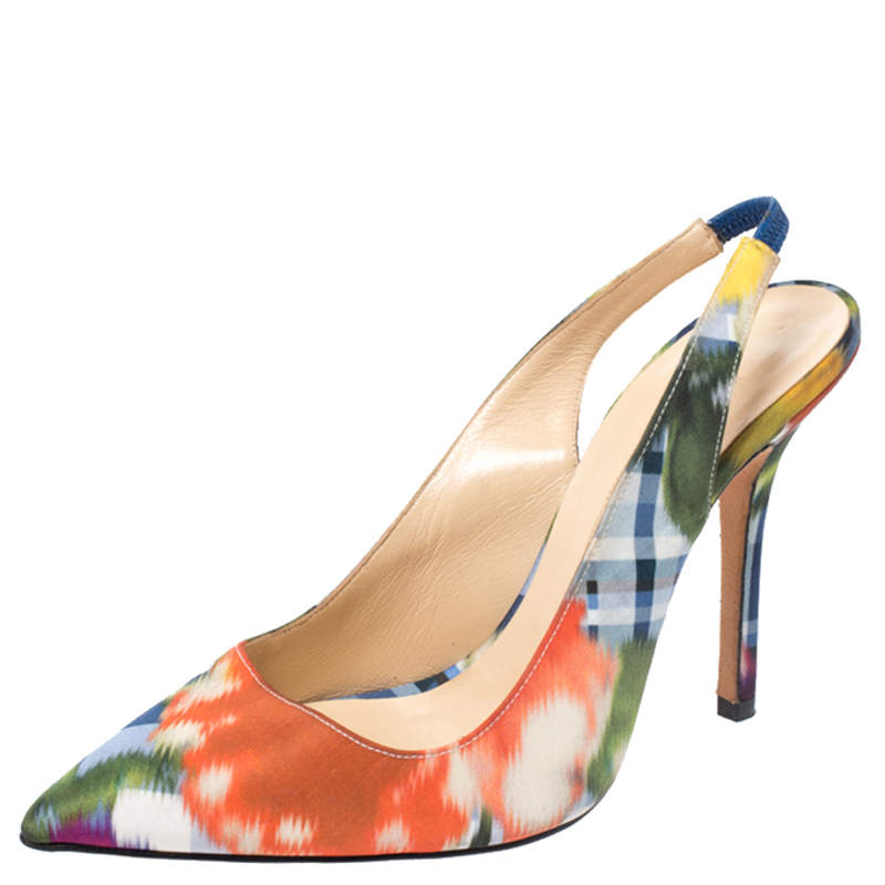 مملوكة مسبقًا Oscar de la Renta Multicolor Abstract Print Satin Pointed Toe Sandals Size 36