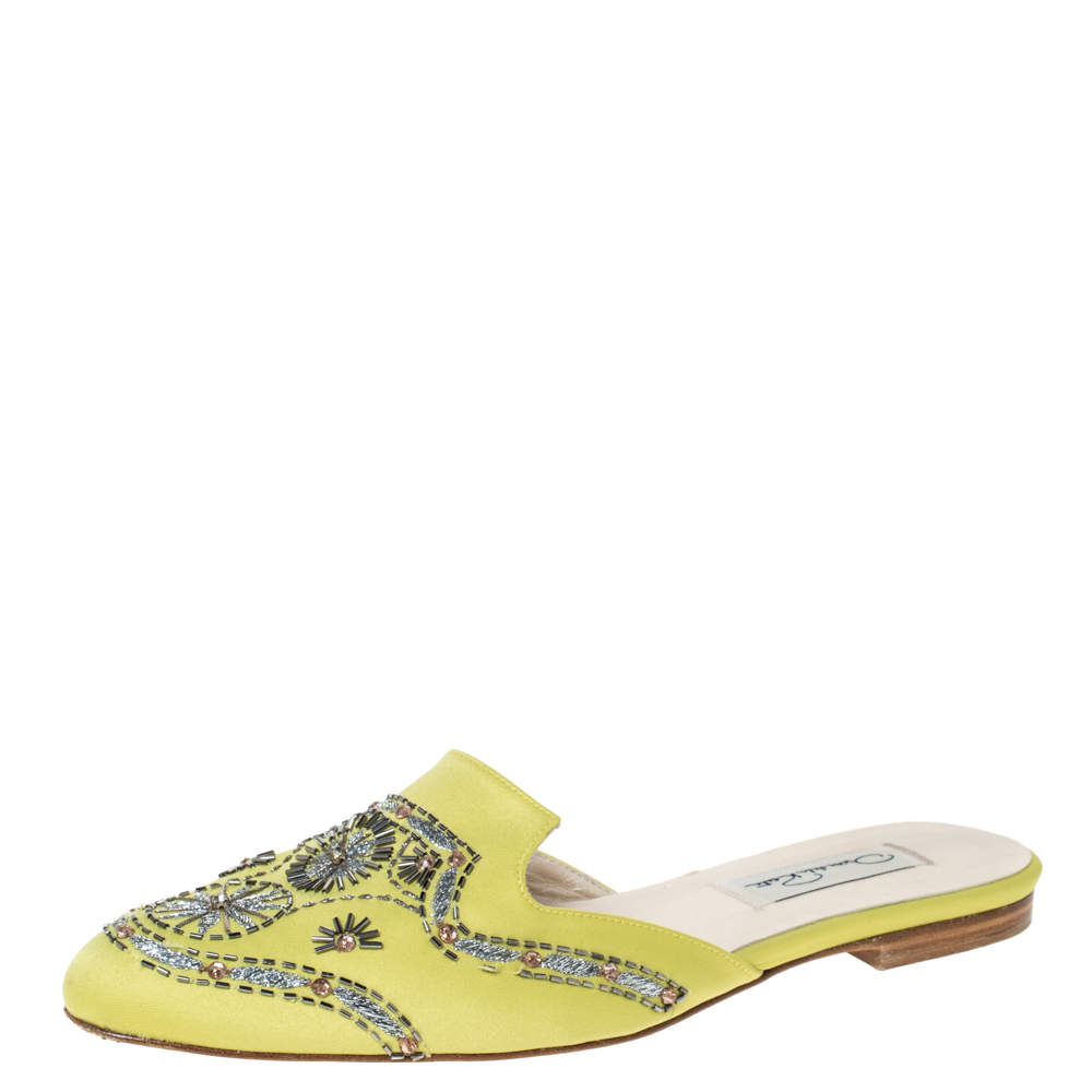 Oscar de la Renta Yellow Satin Embellished Flat Mule Sandals Size 37