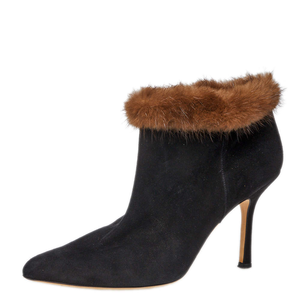 Osca De La Renta Black Suede Leather And Mink Fur Pointed Toe Ankle Boots Size 38.5 