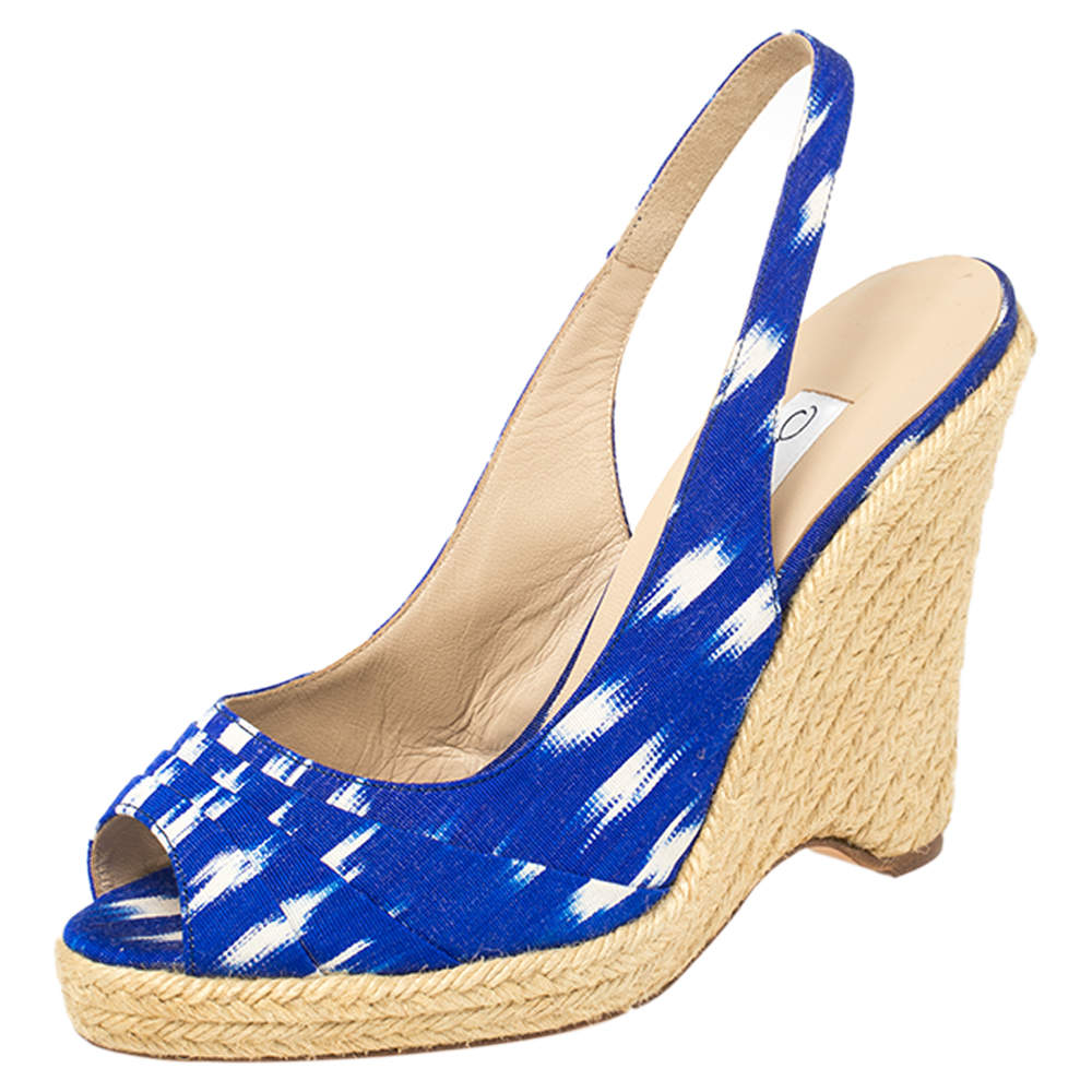 Pre Owned Oscar de la Renta Blue/White Fabric Espadrille Platform Wedge Open Toe Sandals Size 40