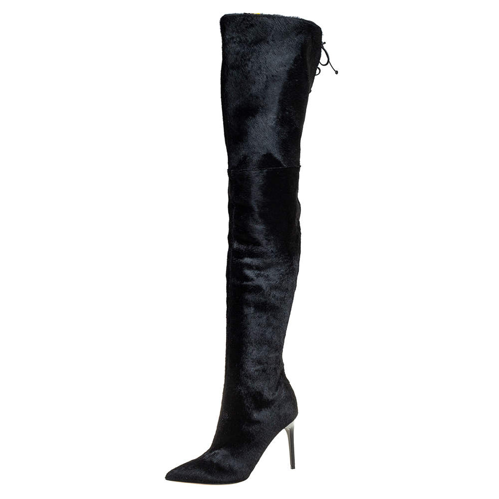 Pre Owned Oscar de la Renta Black Calf Hair Over Knee Boots Size 39