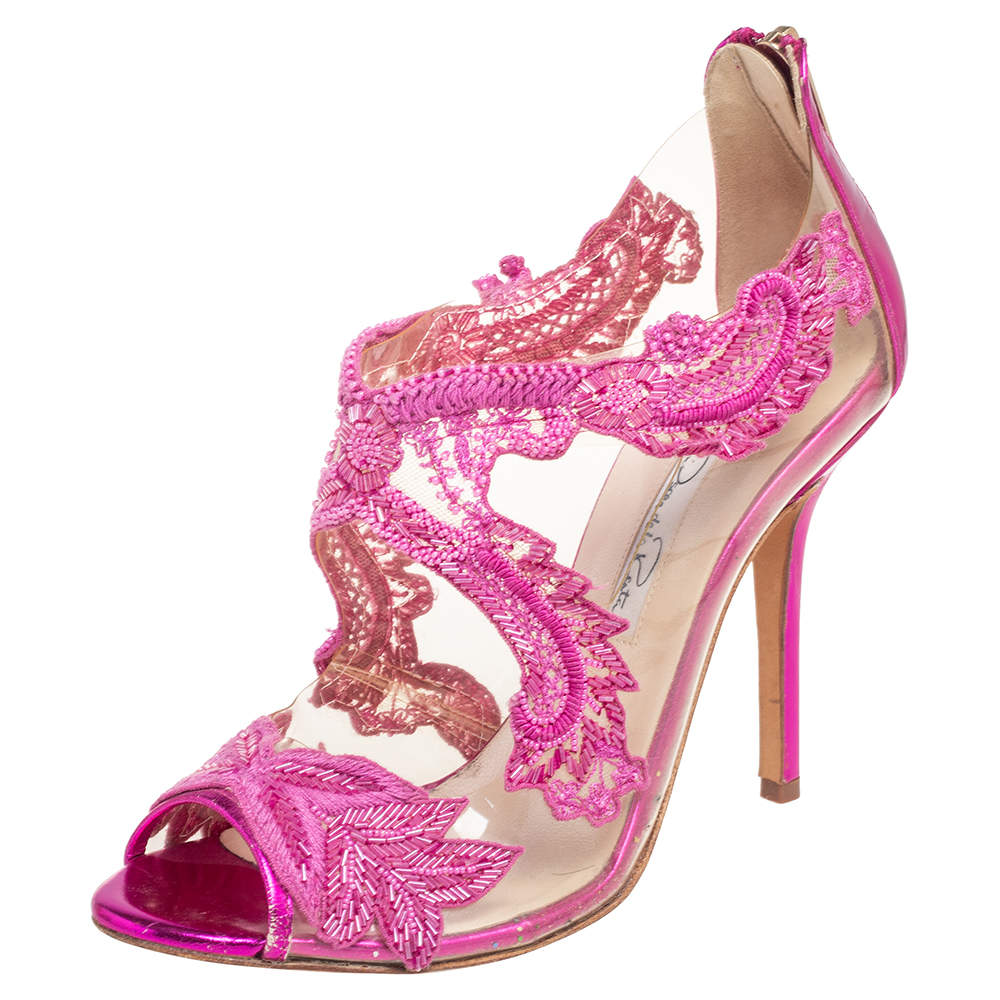 مملوكة مسبقًا Oscar de la Renta Metallic Pink PVC and Patent Leather Amria Cut Out Sandals Size 37.5