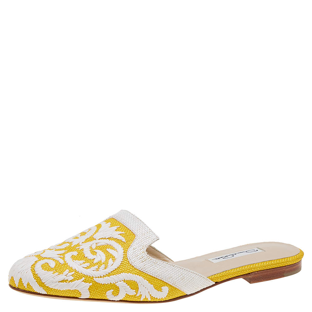 Pre Owned Oscar de la Renta White/Yellow Raffia Flat Spanish Mules Sandals Size 38