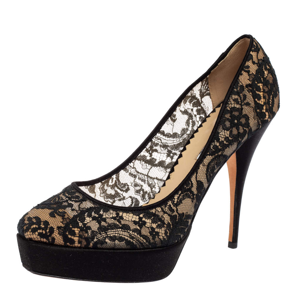 Pre Owned Oscar de la Renta Black Lace And Satin Platform Pumps Size 40