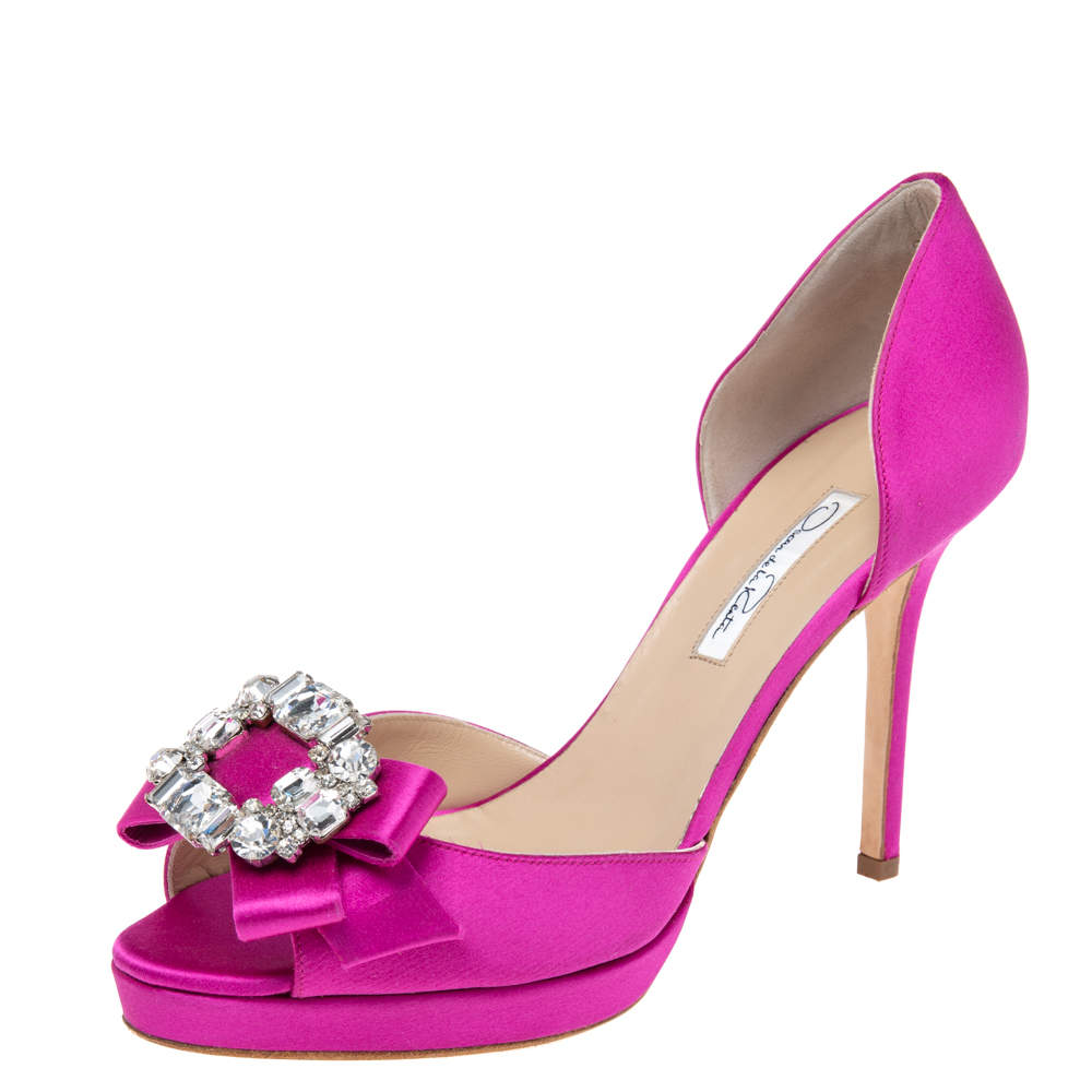 Pre Owned Oscar de la Renta Pink Satin Embellished D' Orsay Pumps Size 40