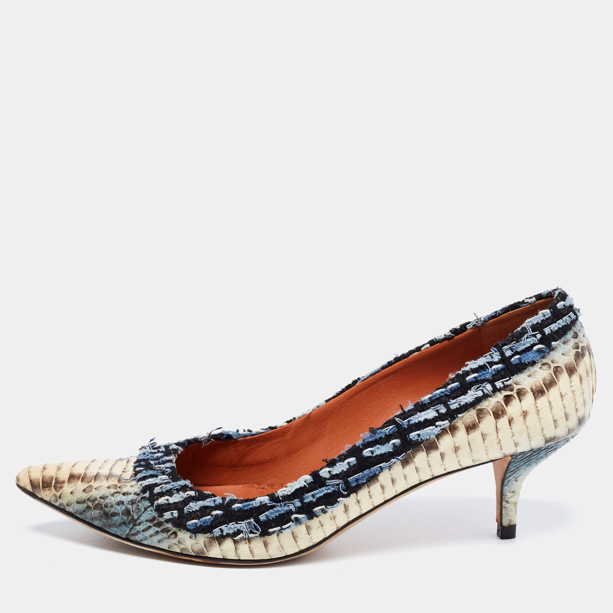 Pre Owned Oscar de la Renta Multicolor Python Leather and Fabric Pointed Toe Pumps Size 39.5