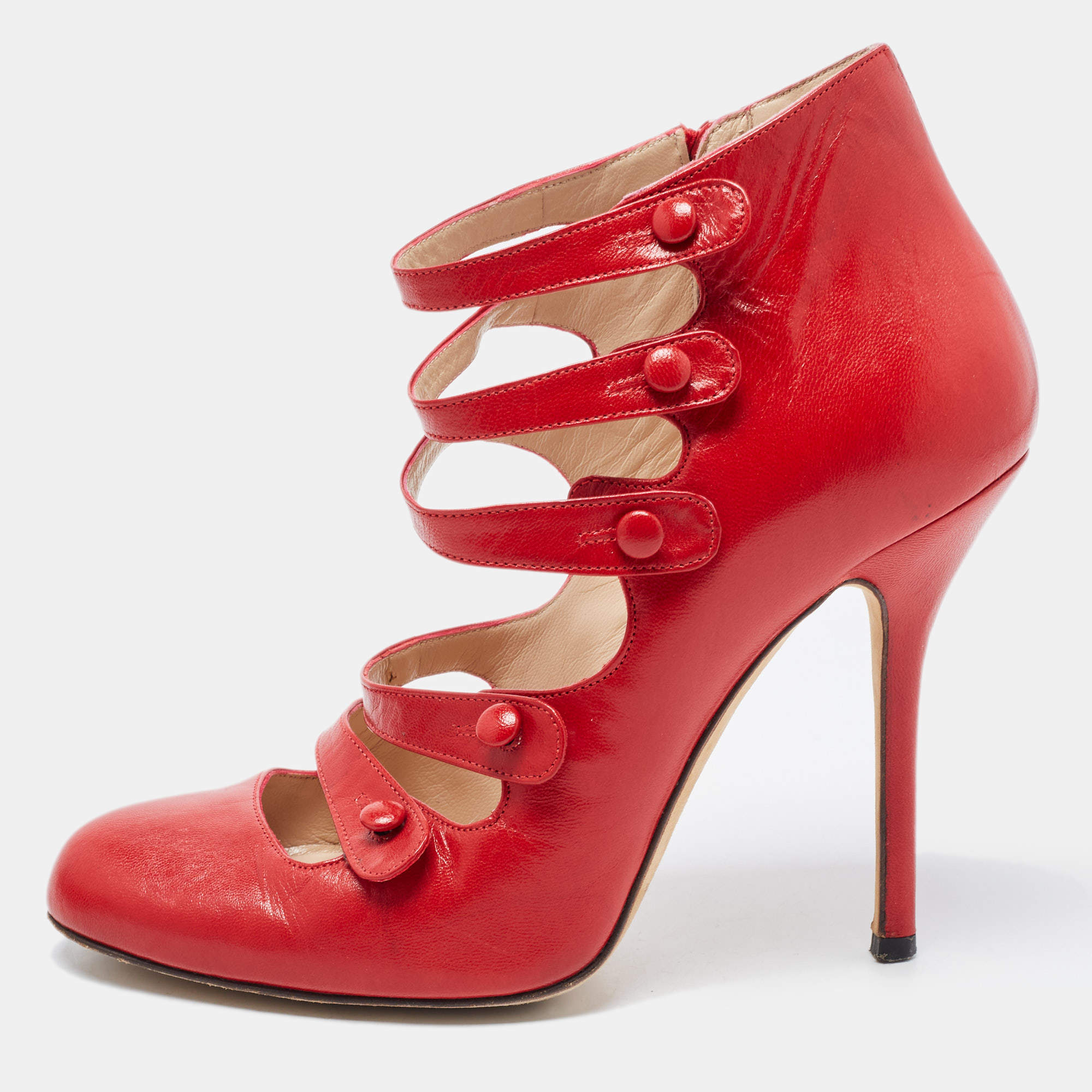 Pre Owned Oscar de la Renta Red Leather Strappy Ankle Booties Size 38