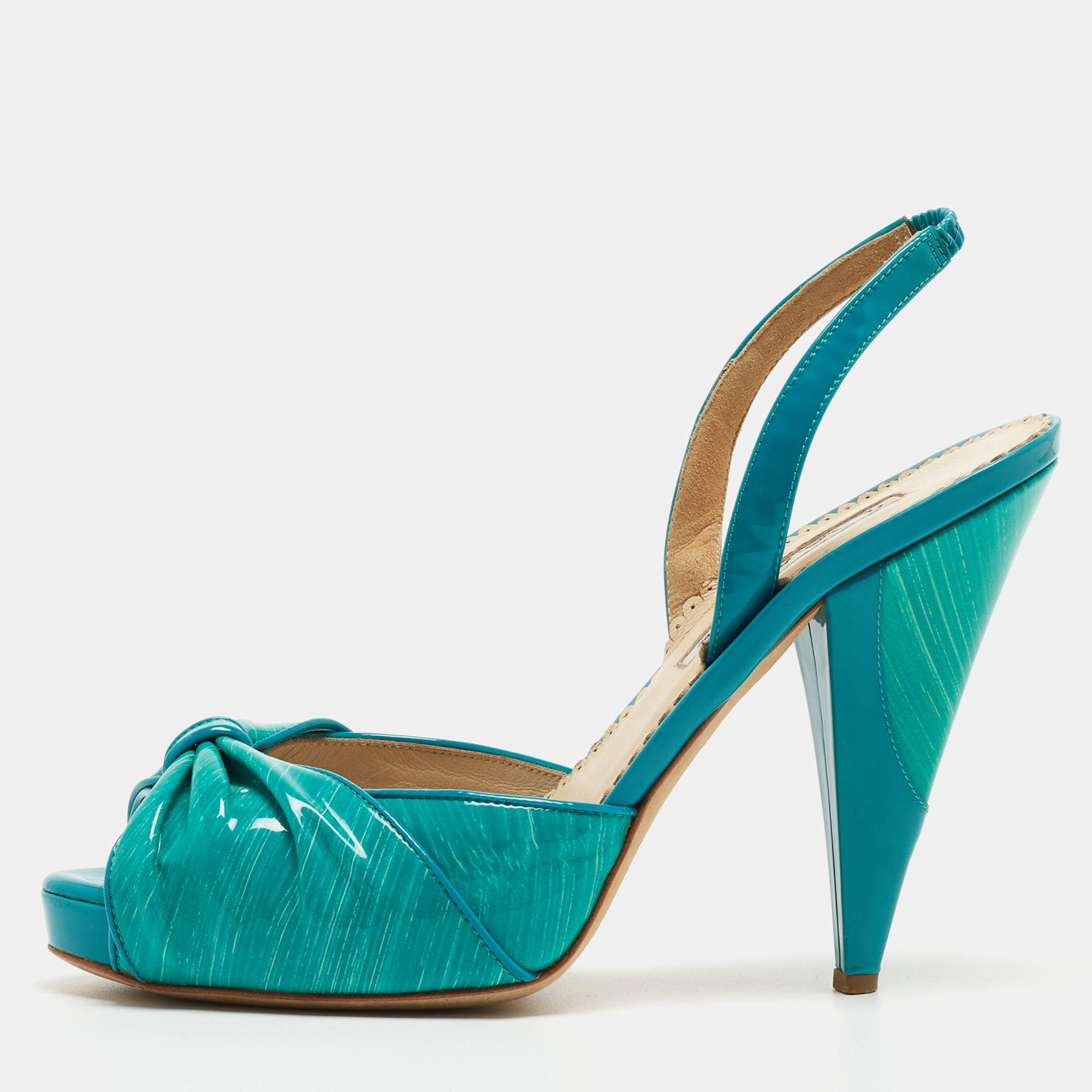 Pre Owned Oscar De La Renta Turquoise Patent Leather Bow Platform Slingback Sandals Size 36.5