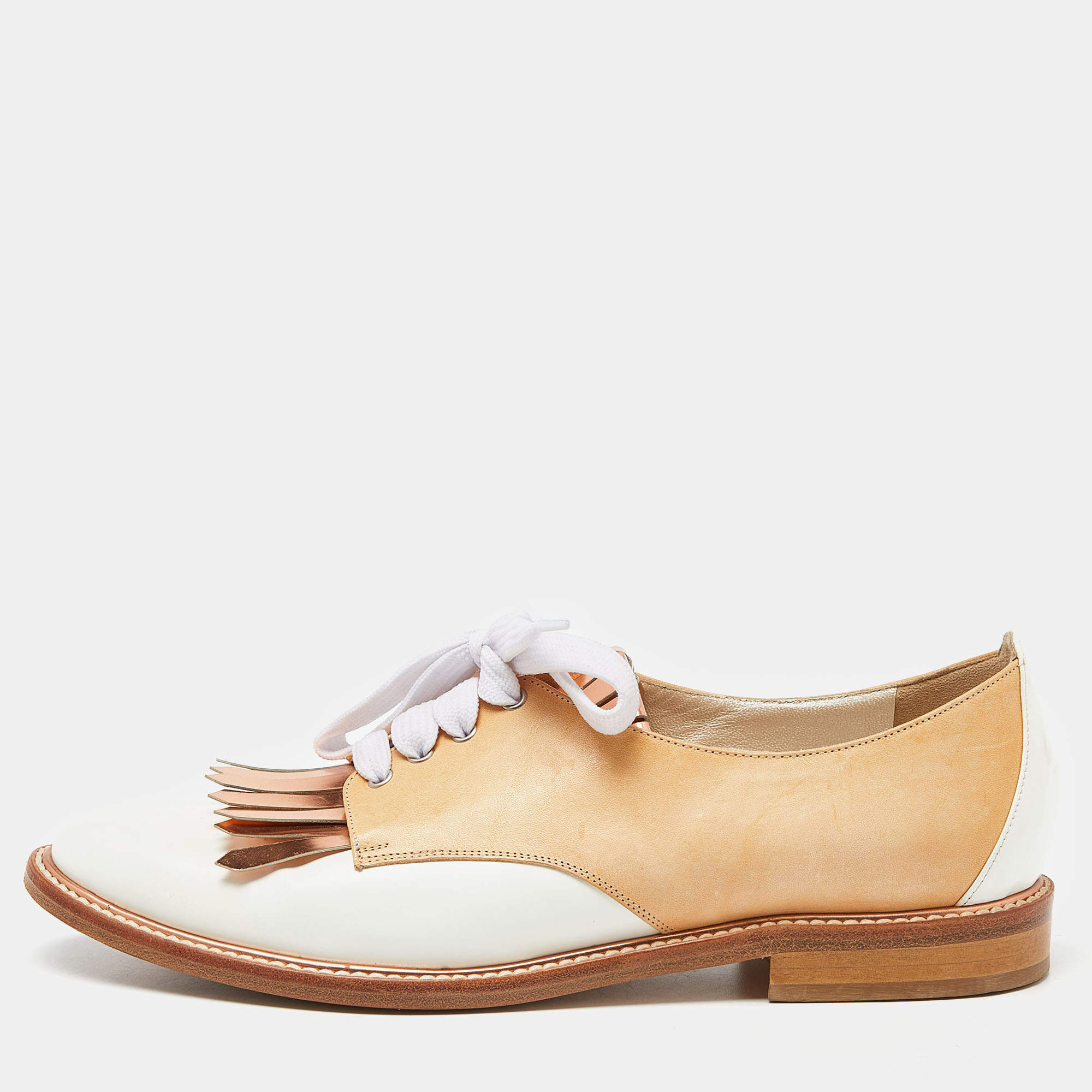 Pre Owned Oscar de la Renta Tricolor Leather Fringe Detail Lace Up Derby Size 40