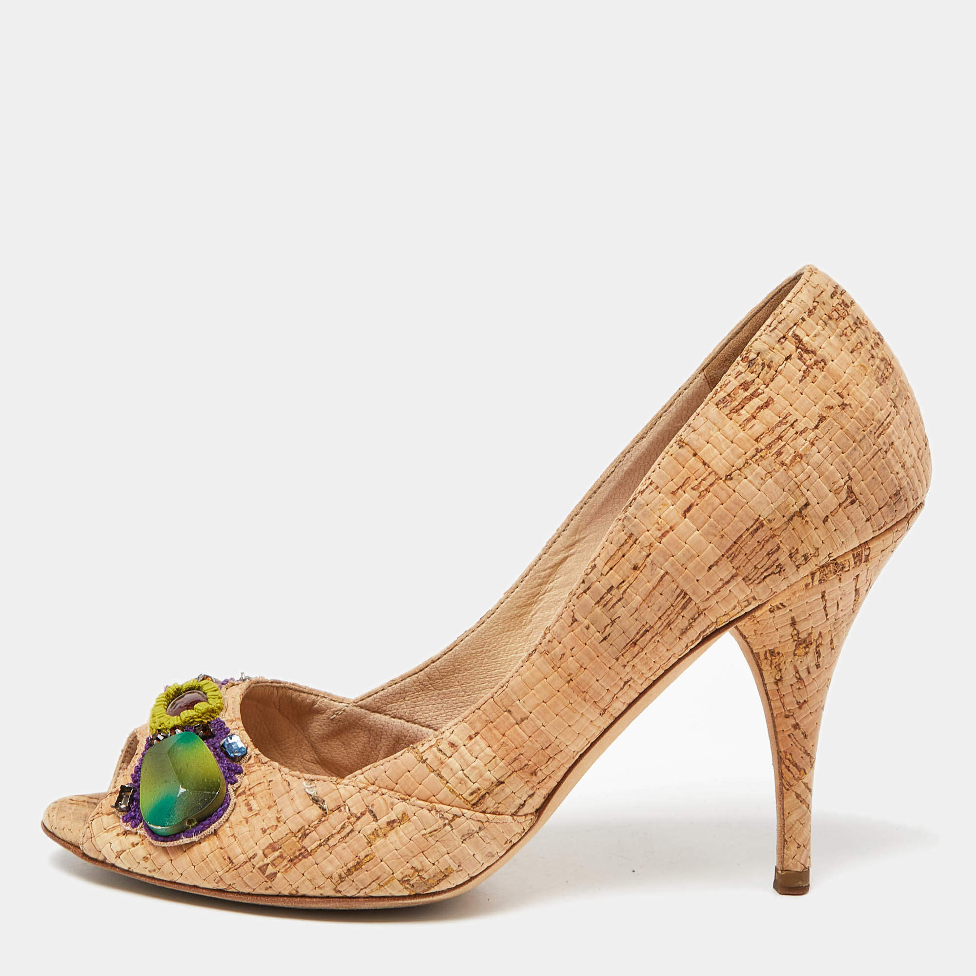 Pre Owned Oscar de la Renta Light Brown Cork Embellished Peep Toe Pumps Size 36
