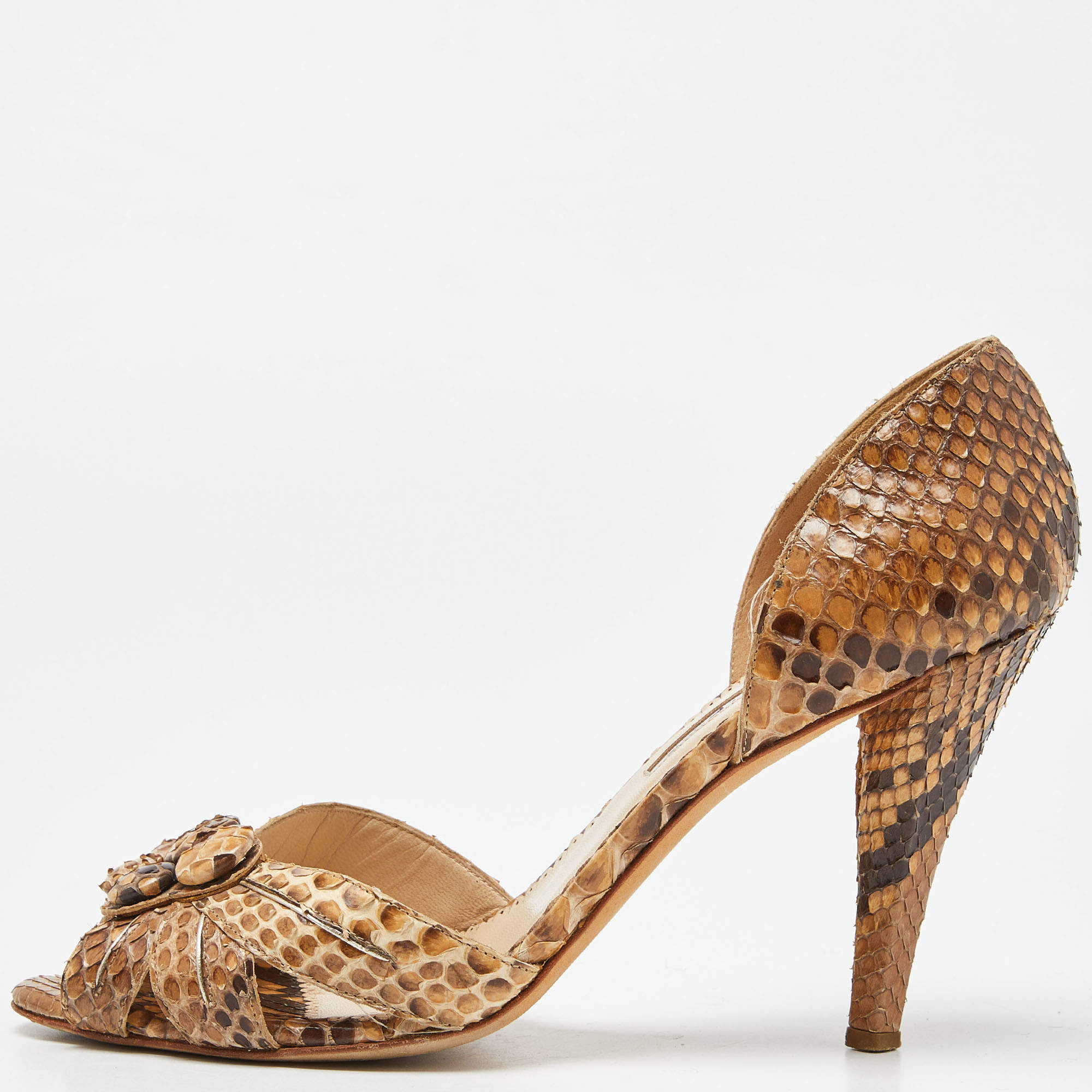 Pre Owned Oscar de la Renta Beige/Brown Python D'orsay Pumps Size 37