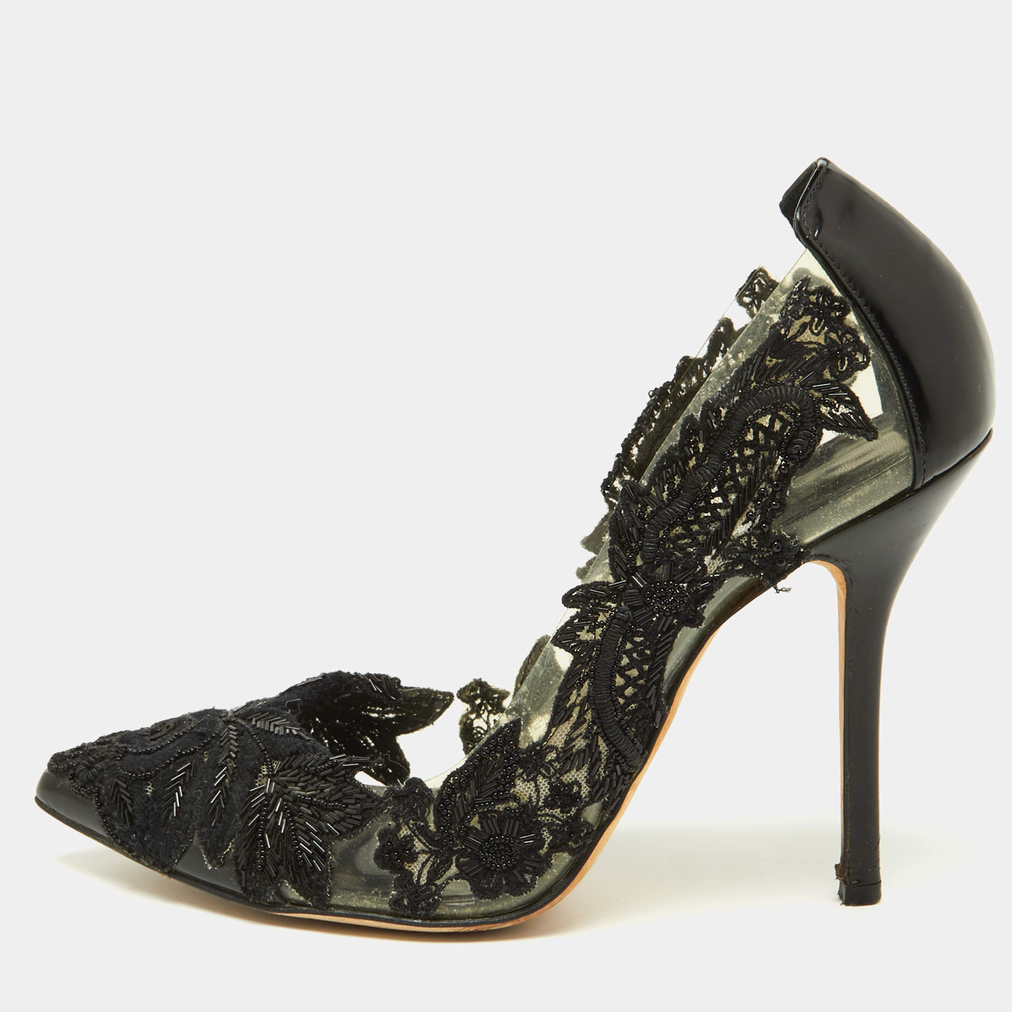Pre Owned Oscar de la Renta Black Embroidery Patent Leather and PVC Alyssa Embellished Pointed Toe Pumps Size 36.5