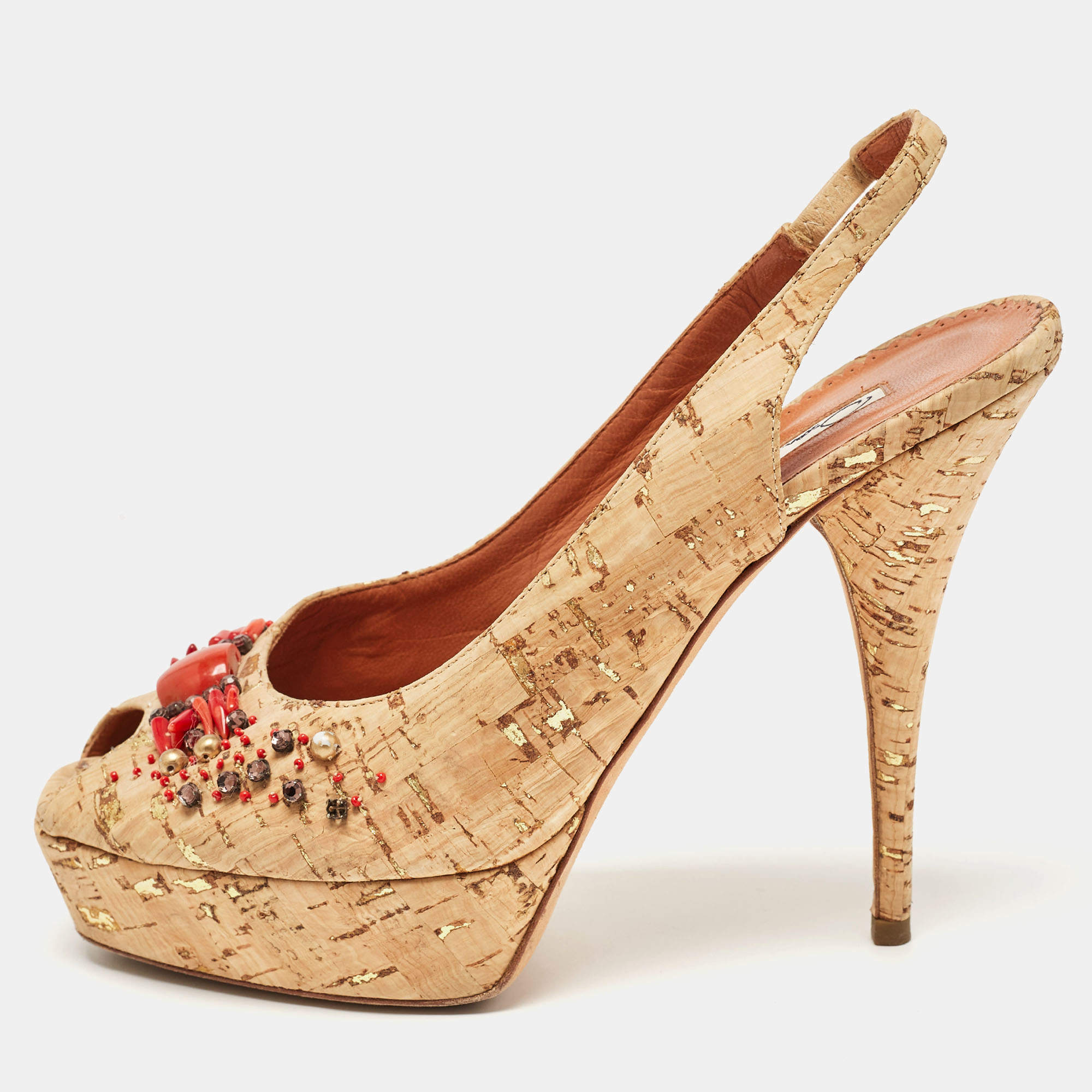 Oscar De La Renta Brown Cork Embellished Slingback Platform Pumps Size 37.5