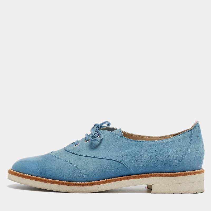 Pre Owned Oscar de la Renta Blue Suede Lace Up Oxfords Size 37