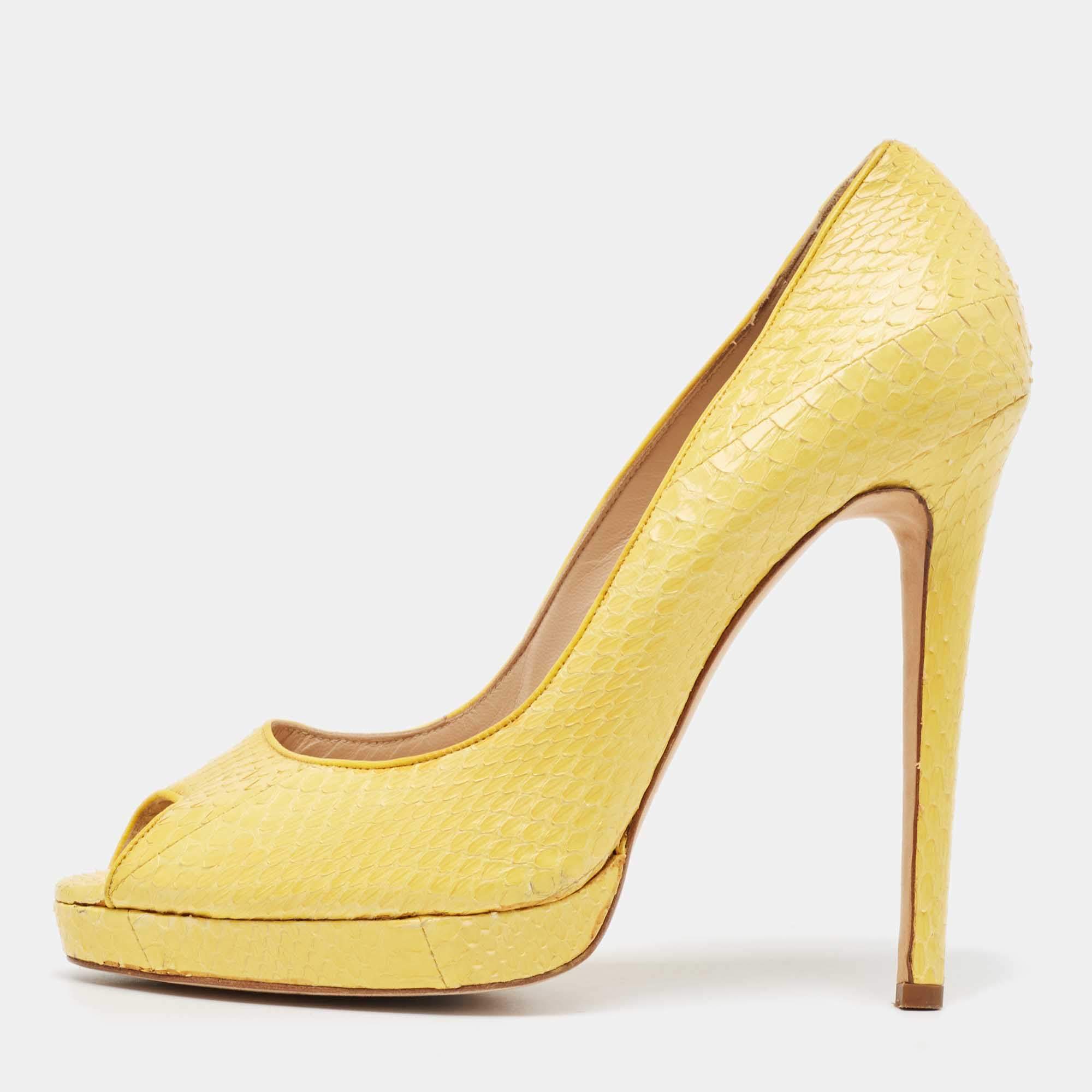 Oscar de la Renta Yellow Python Leather Peep Toe Platform Pumps Size 40.5