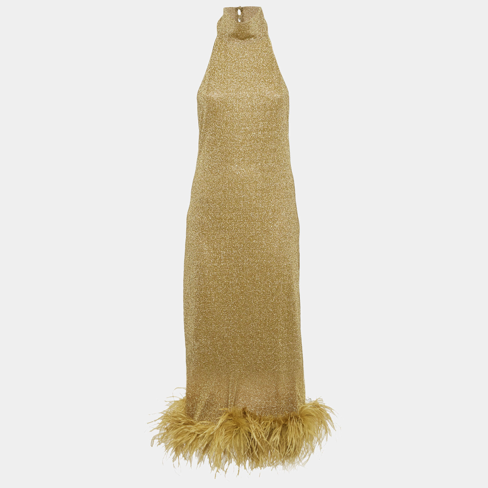 Pre Owned Oseree Gold Lurex Knit Ostrich Feather Detail Halter Neck Midi Dress M