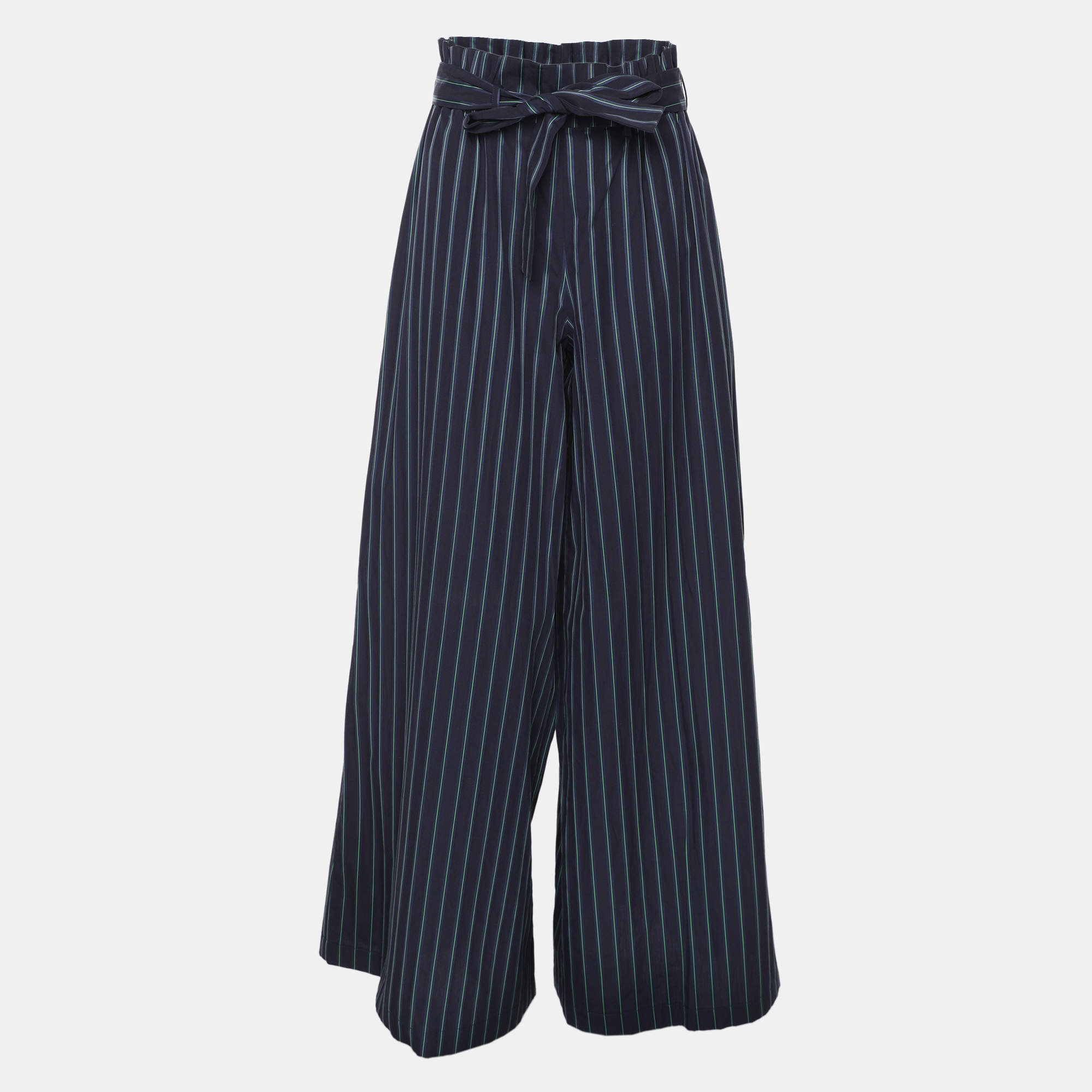 مملوكة مسبقًا Osman Navy/Green Stripe Cotton Culottes Pants M