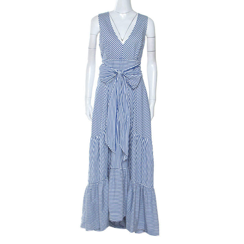 P.A.R.O.S.H Blue Striped Cotton Bow Sleeveless Ruffle Hem Dress L