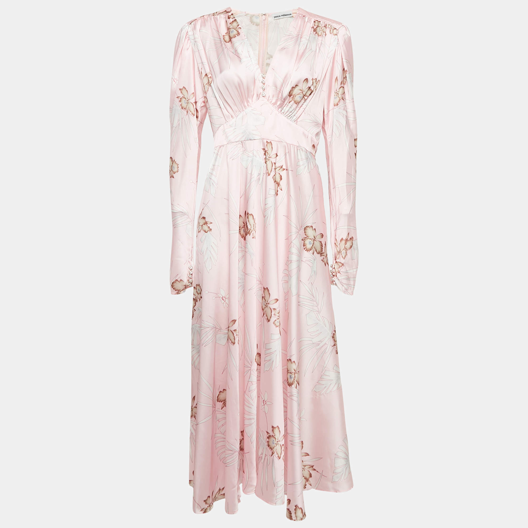 Paco Rabanne Pink Hawaiian Print Satin Midi Dress M