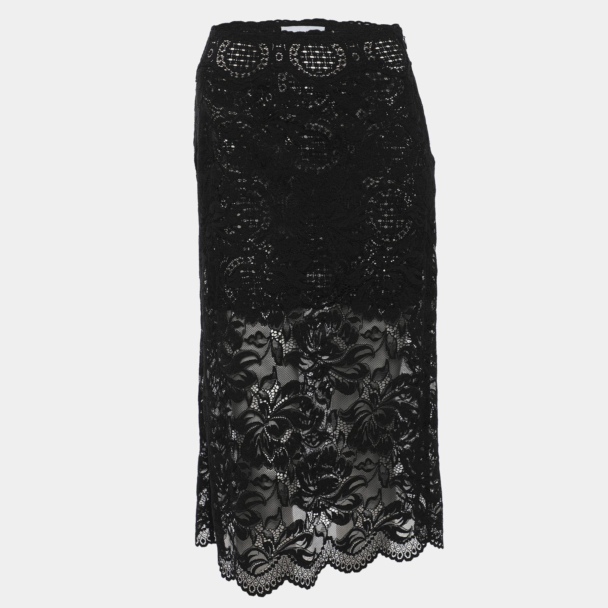 Pre Owned Paco Rabanne Black Floral Lace Midi Skirt S
