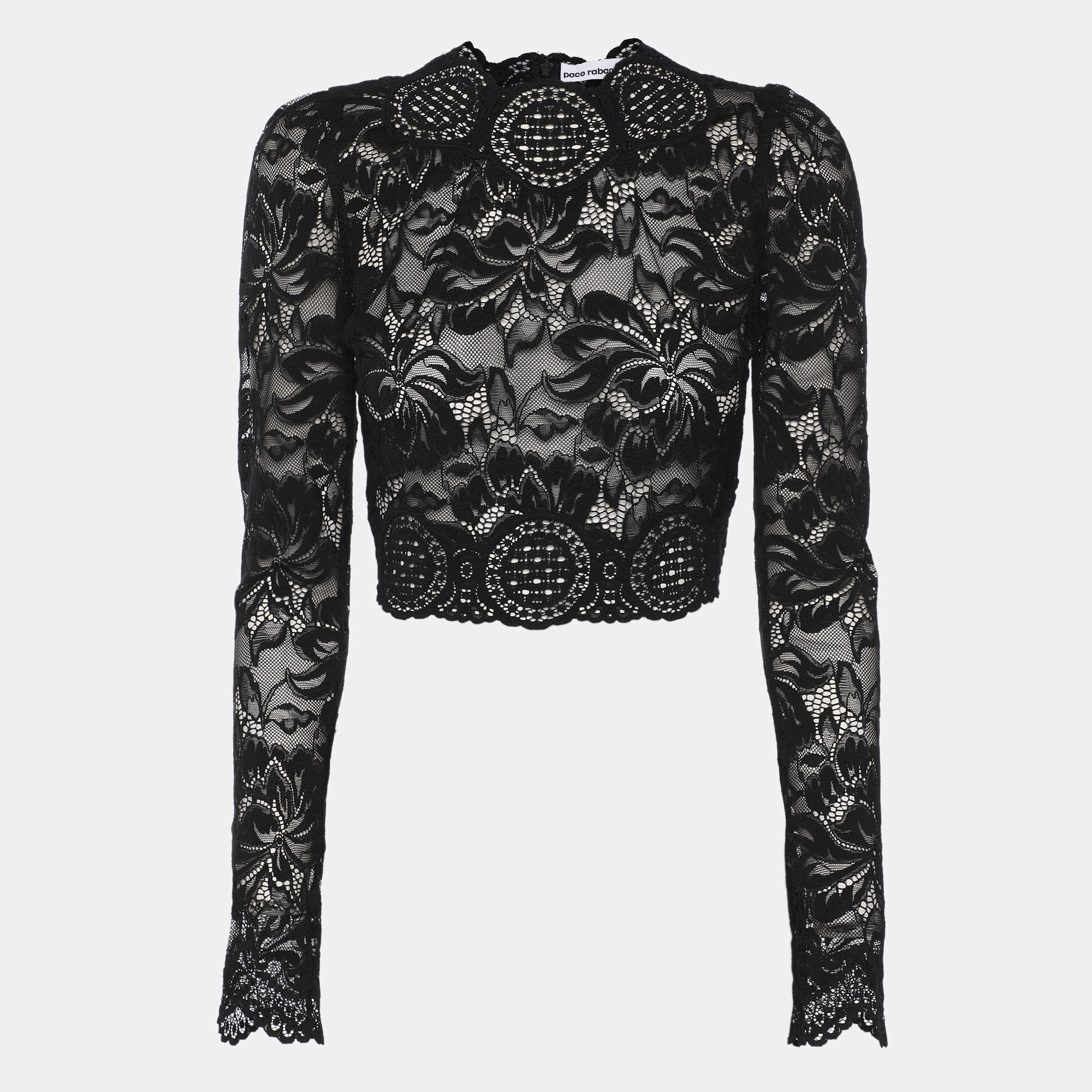 Pre Owned Paco Rabanne Black Floral Lace Full Sleeve Crop Top S