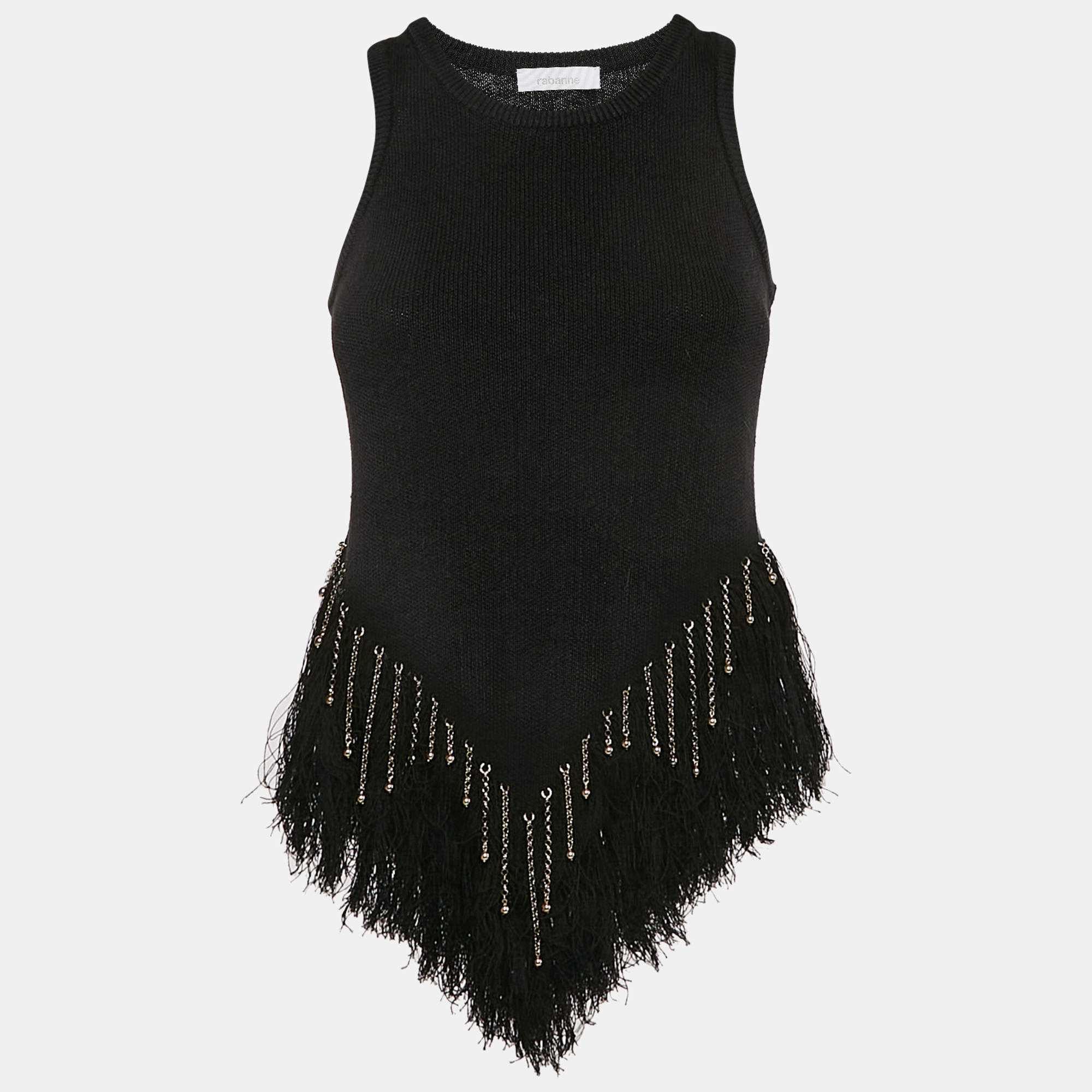 Paco Rabanne Black Linin Rib Knit Embellished Raw Edge Tank Top S