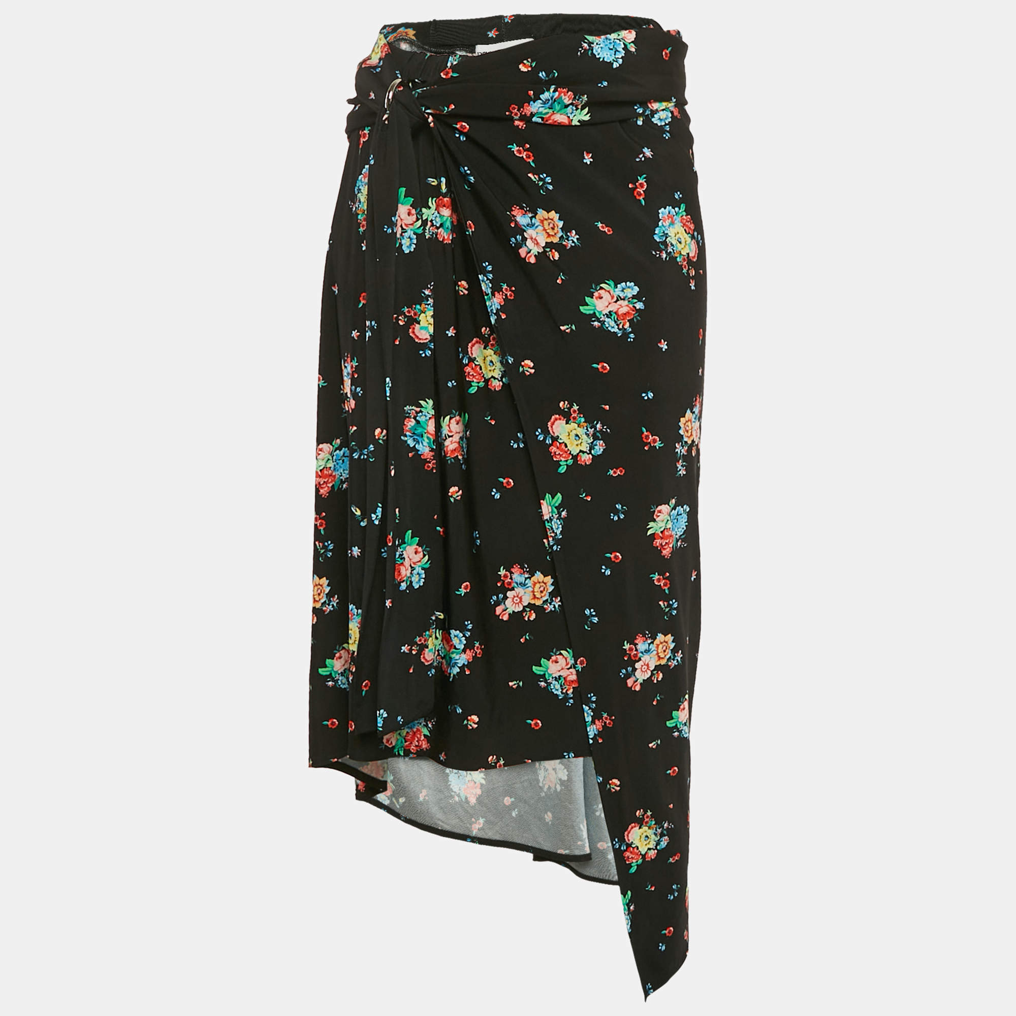 Paco Rabanne Black Floral Print Jersey Asymmetric Midi Skirt S