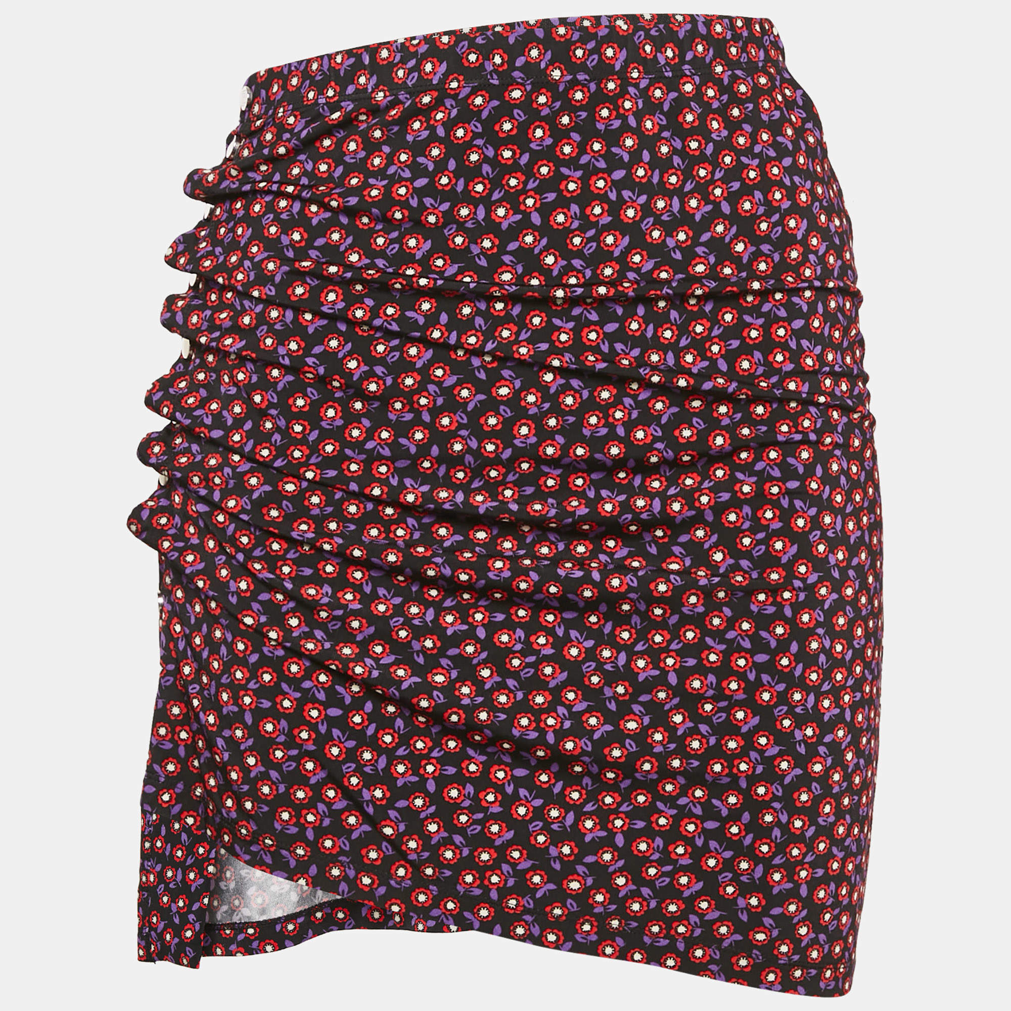 Paco Rabanne Black Floral Print Jersey Ruched Jupe Mini Skirt S