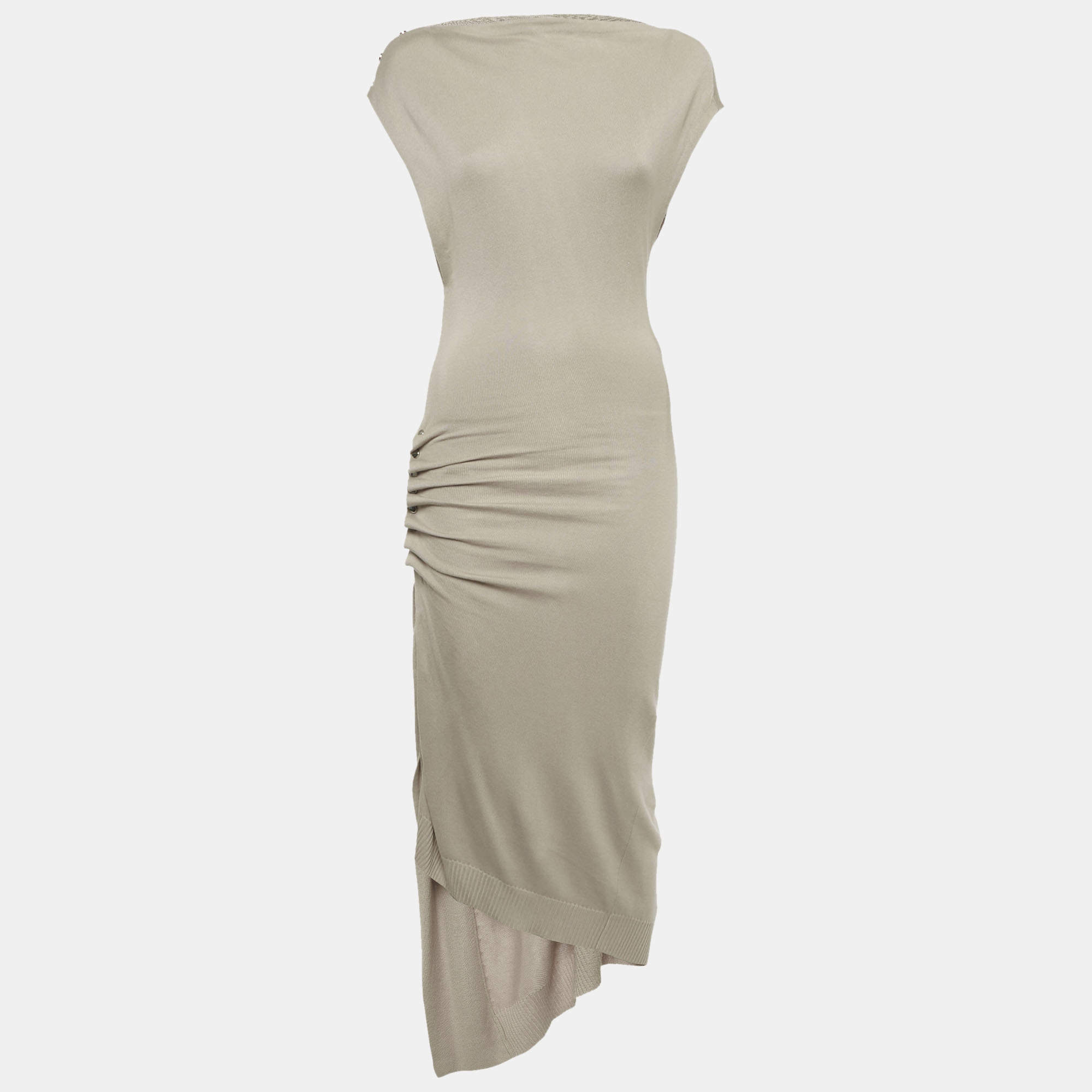 Pre Owned Paco Rabanne Tan Knit Buttoned Ruche Asymmetric  Midi Dress XS
