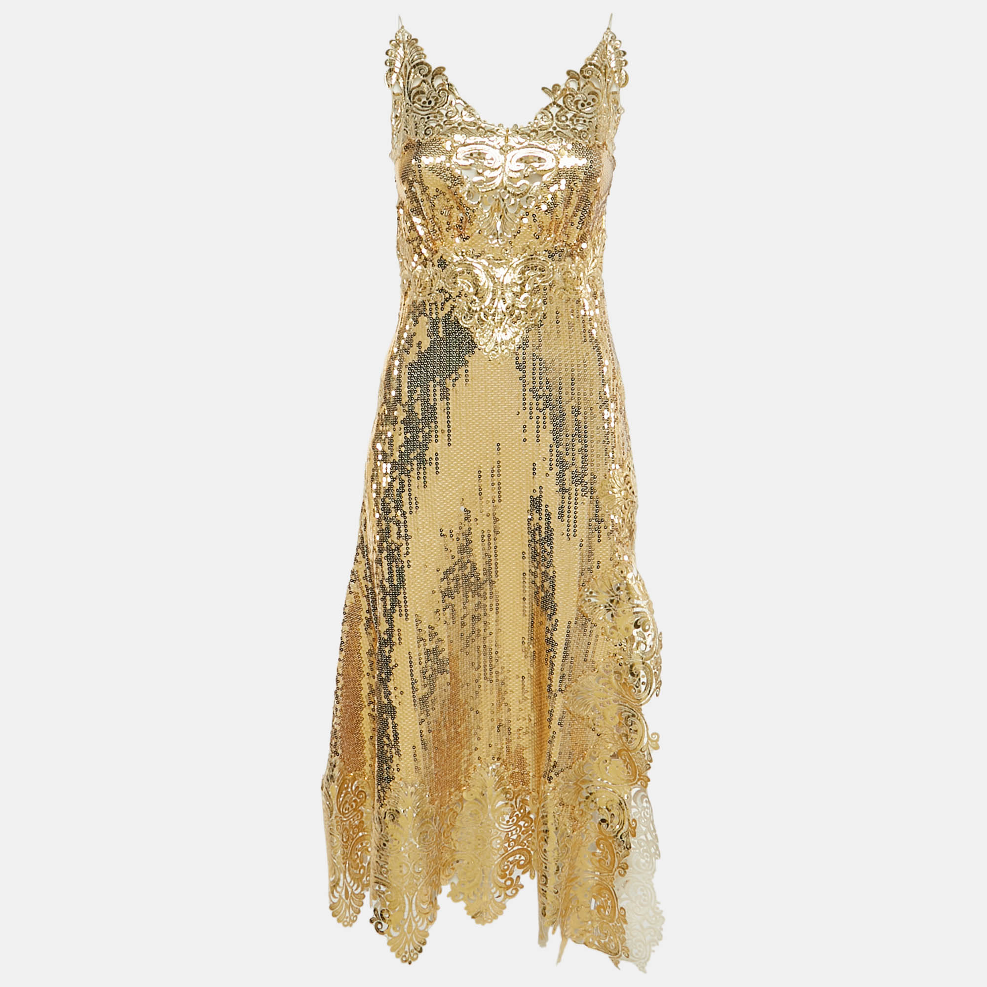Pre Owned Paco Rabanne Gold Sequin Long Sleeveless Dress S