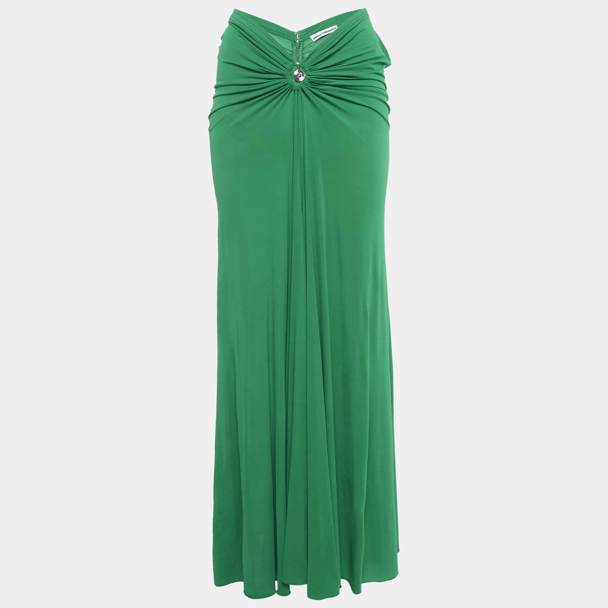Pre Owned Paco Rabanne Green Jersey Gathered Maxi Skirt L