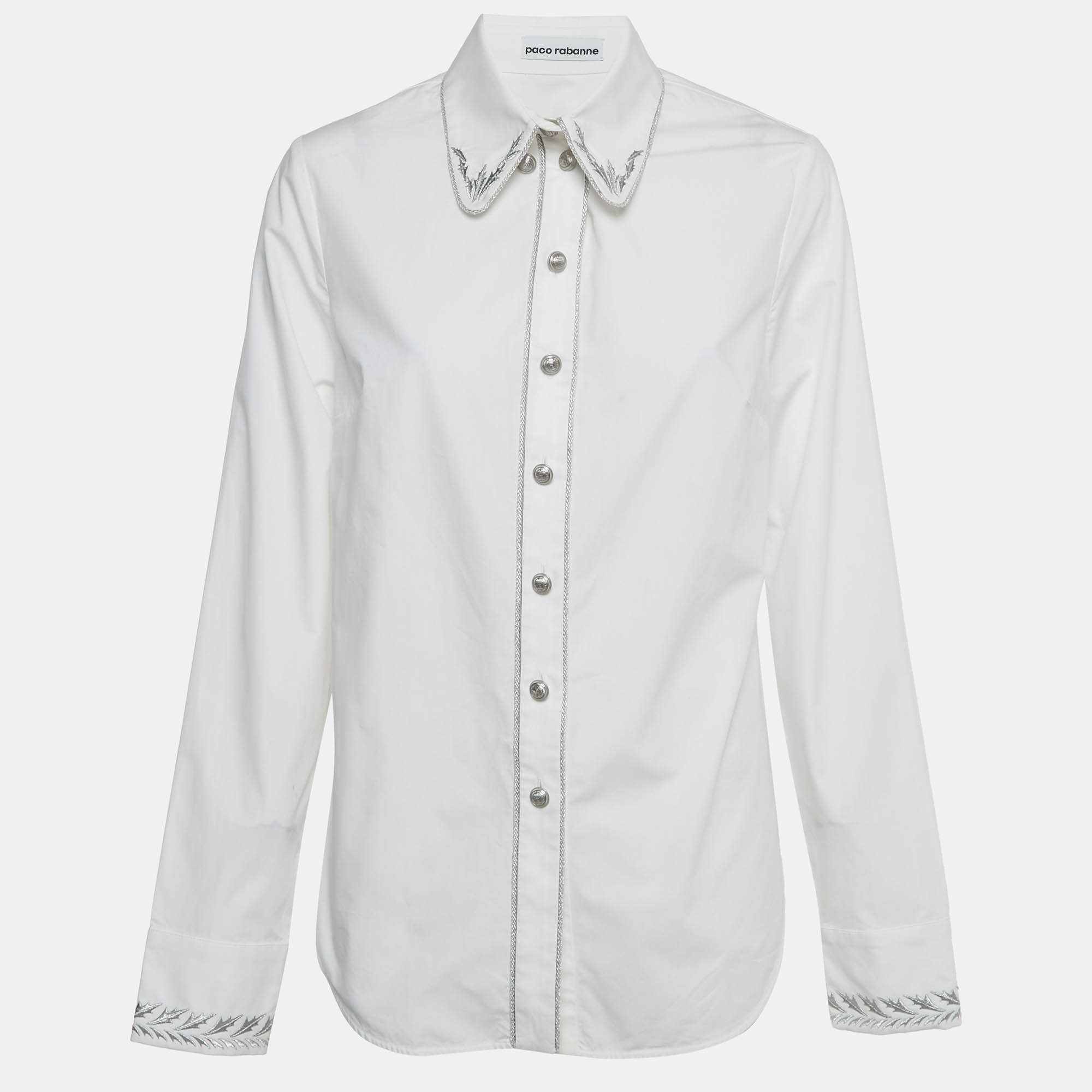 مملوكة مسبقًا قميص باكو رابان مطرز بالأبيض/الفضي من القطن مقاس متوسط - ميديام