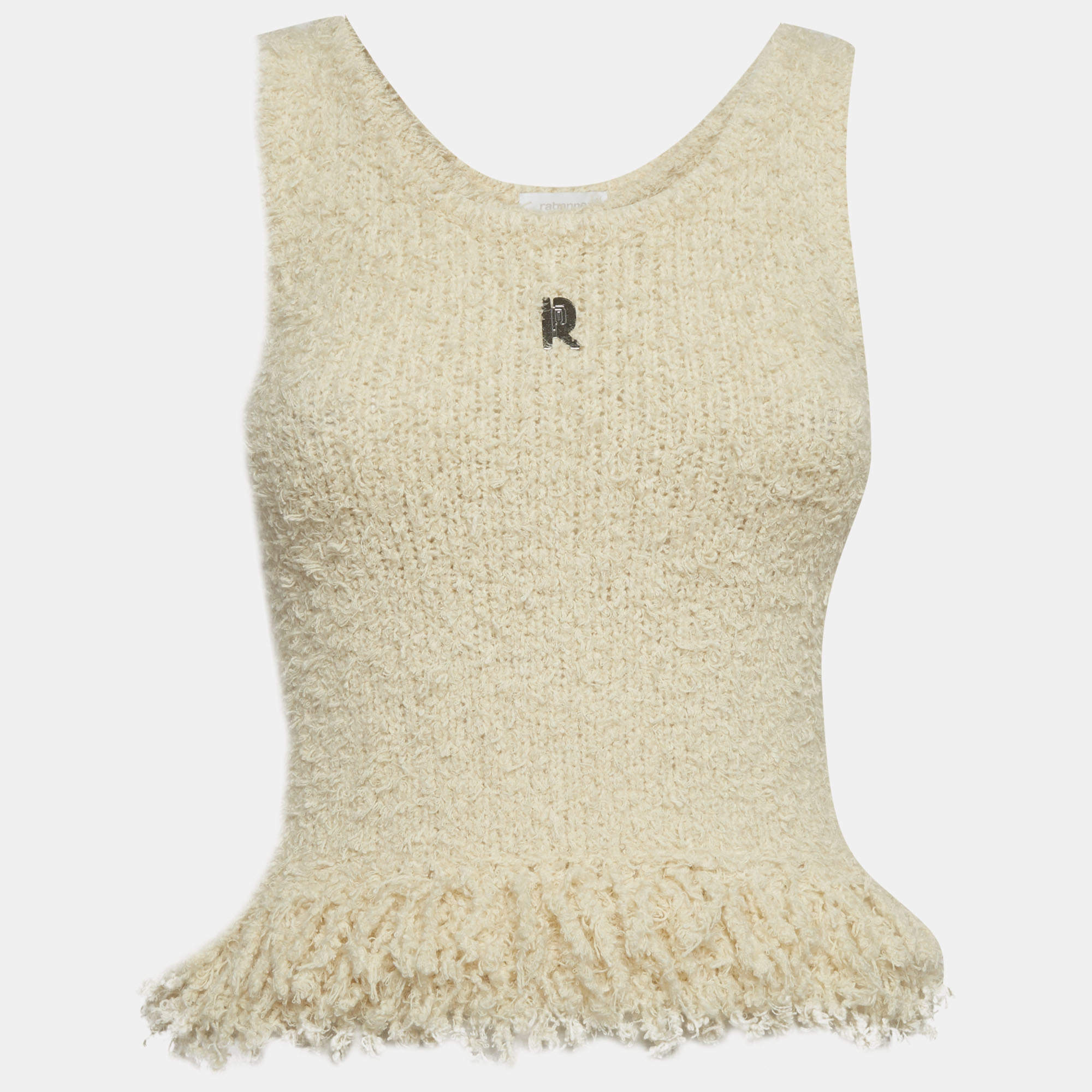 مملوكة مسبقًا Paco Rabanne Cream Knit Logo Plaque Fringed Top XS