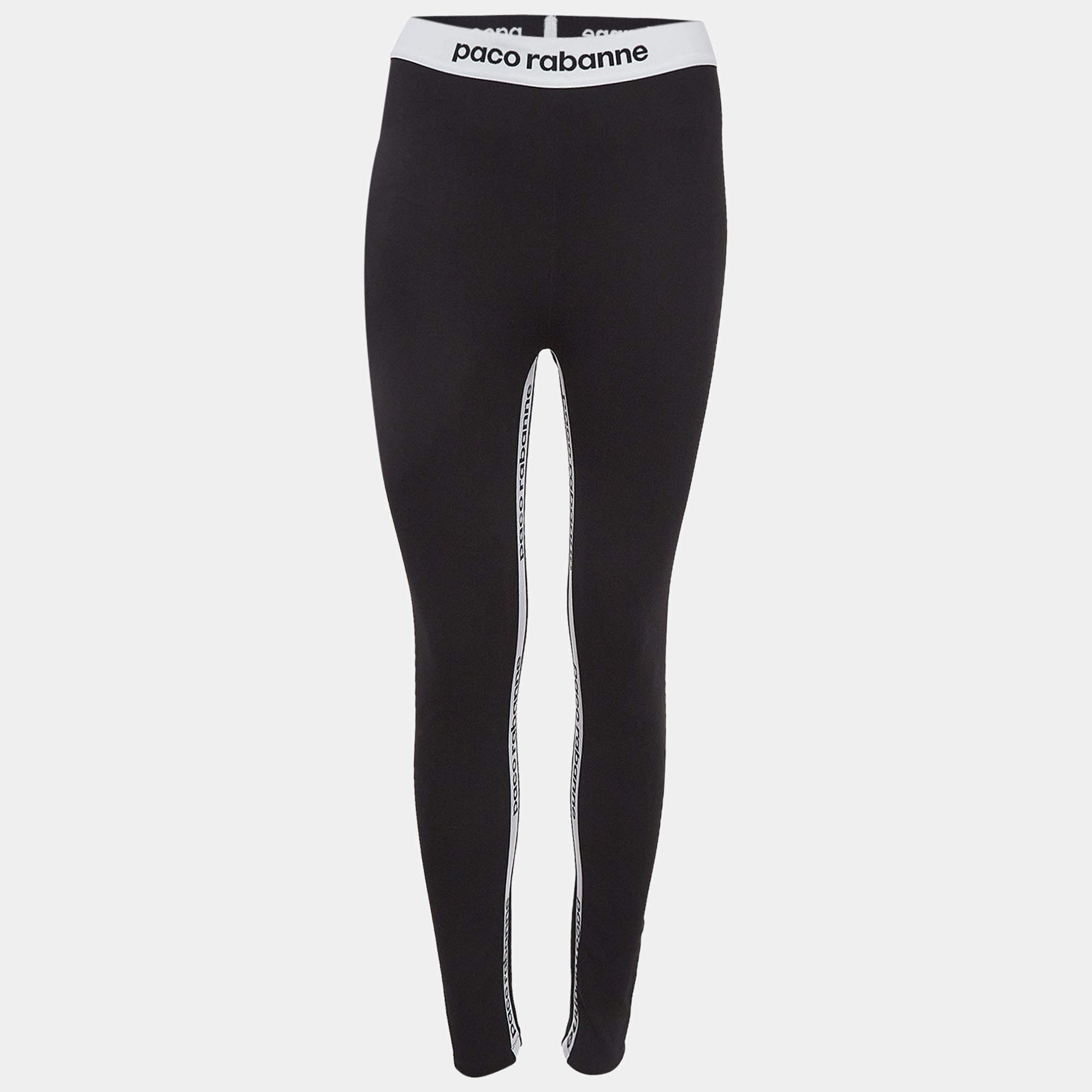 Pre Owned Paco Rabbane Black Jersey Logo Tape Detail Leggings L