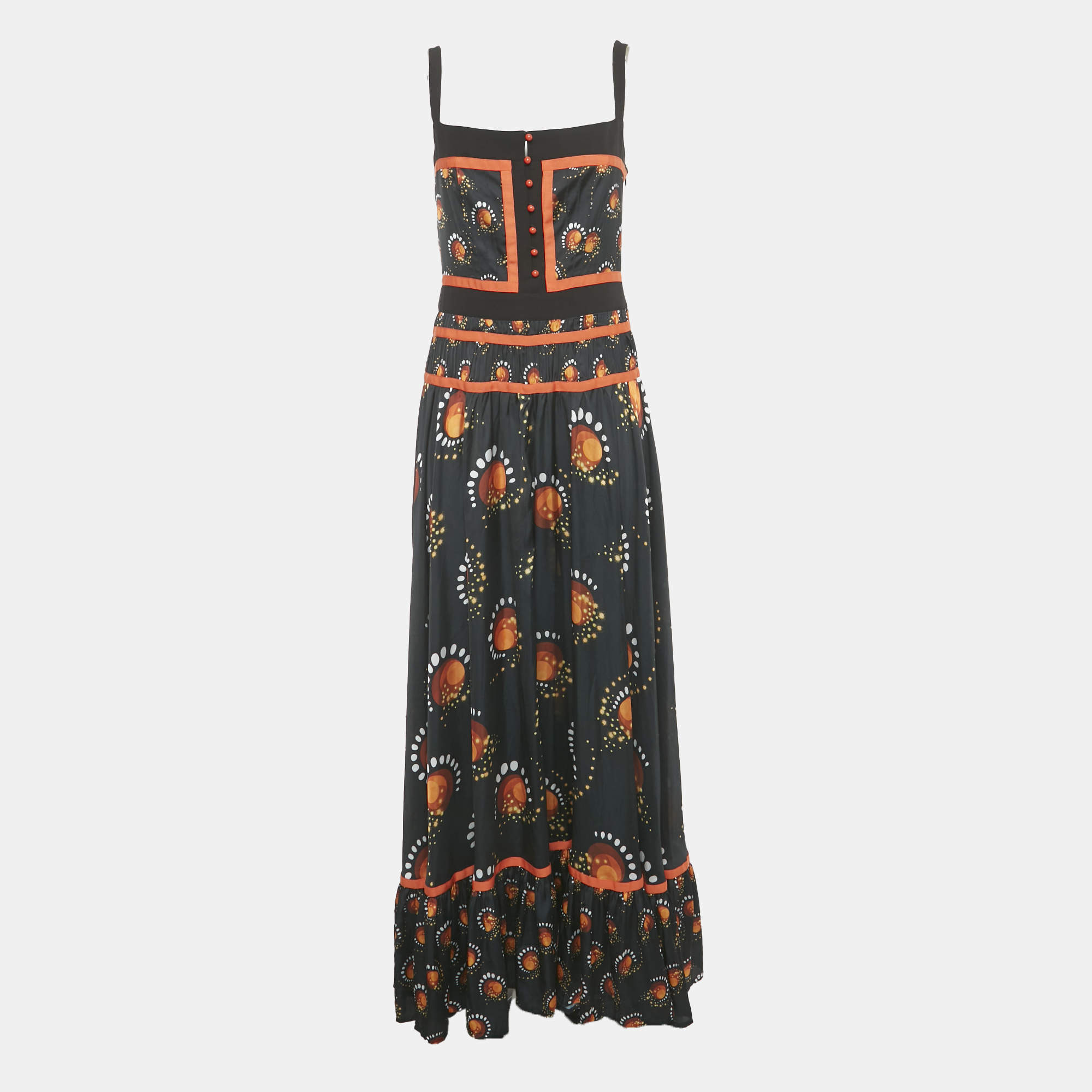 Pre Owned Paco Rabbane Black Printed Satin Flared Maxi Dress L
