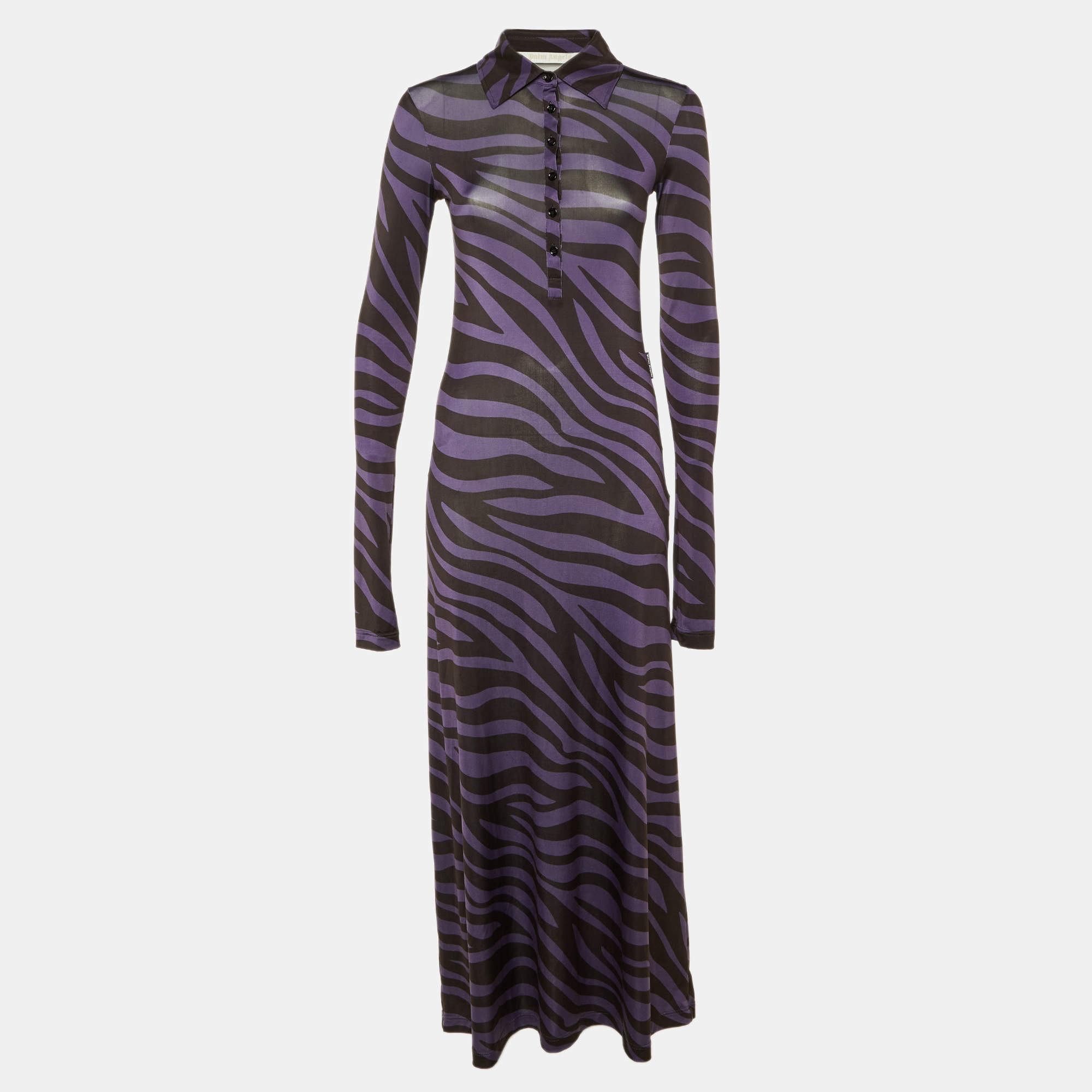 Pre Owned Palm Angels Purple Zebra Print Jersey Maxi Polo Dress M 