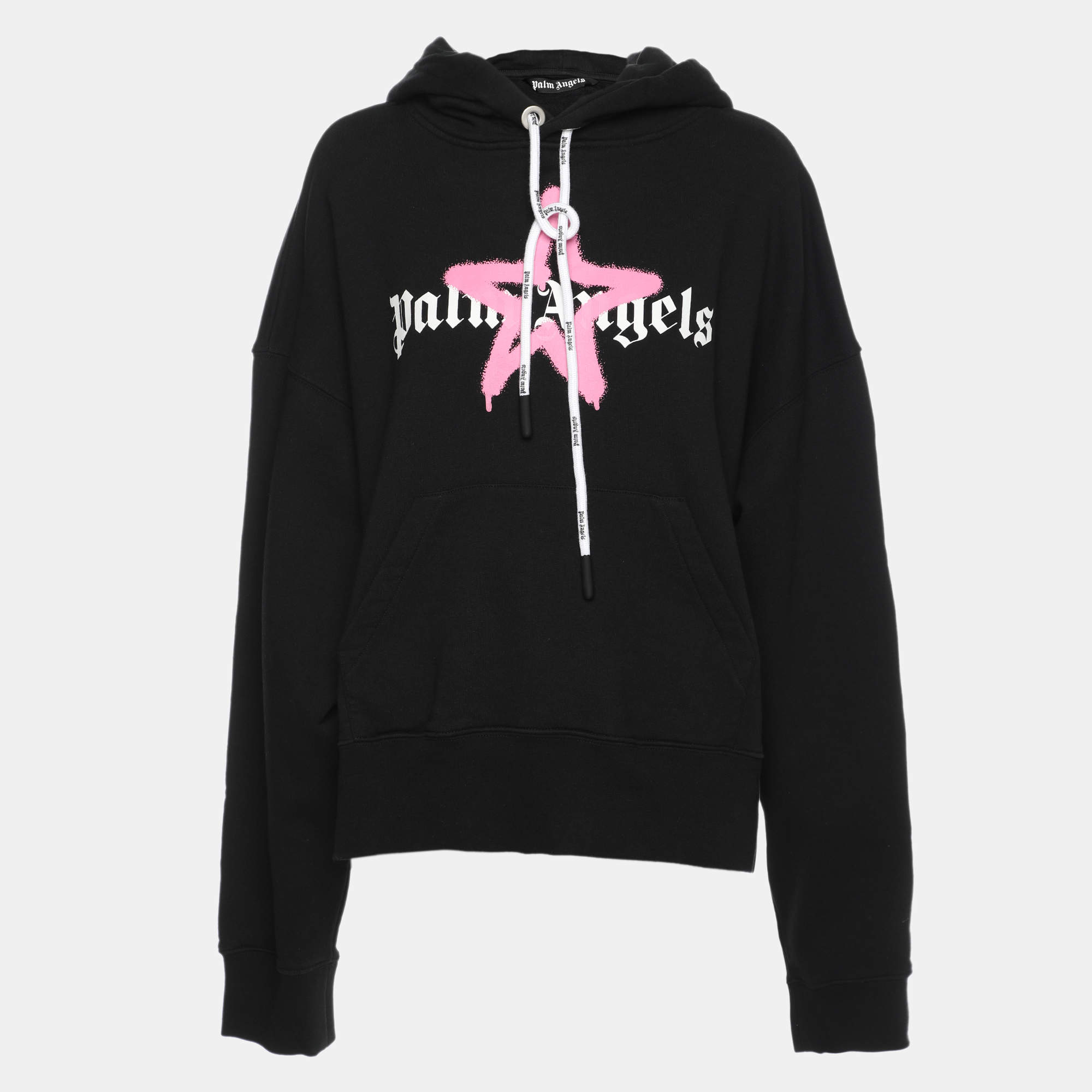 Pre Owned Palm Angels Black Cotton Knit Star Sprayed Logo Hoodie S